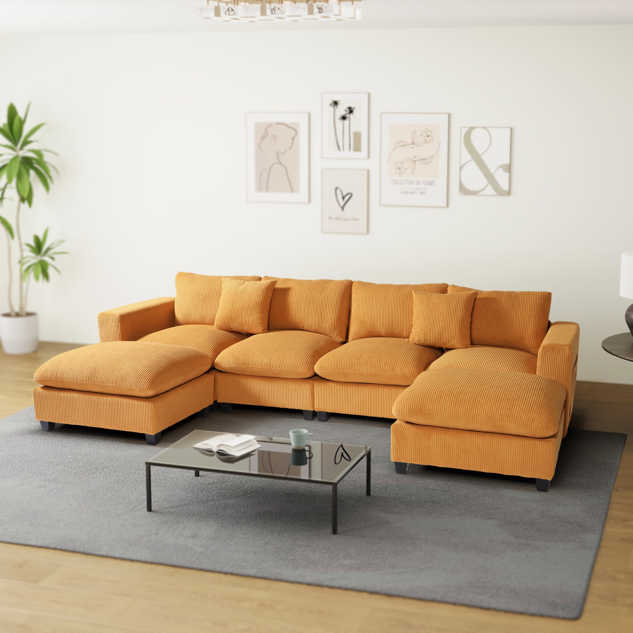 Ava 128" Corduroy Modular U-Shaped Sectional Couch and Chaise With USB/Type-C Ports and Side Pockets