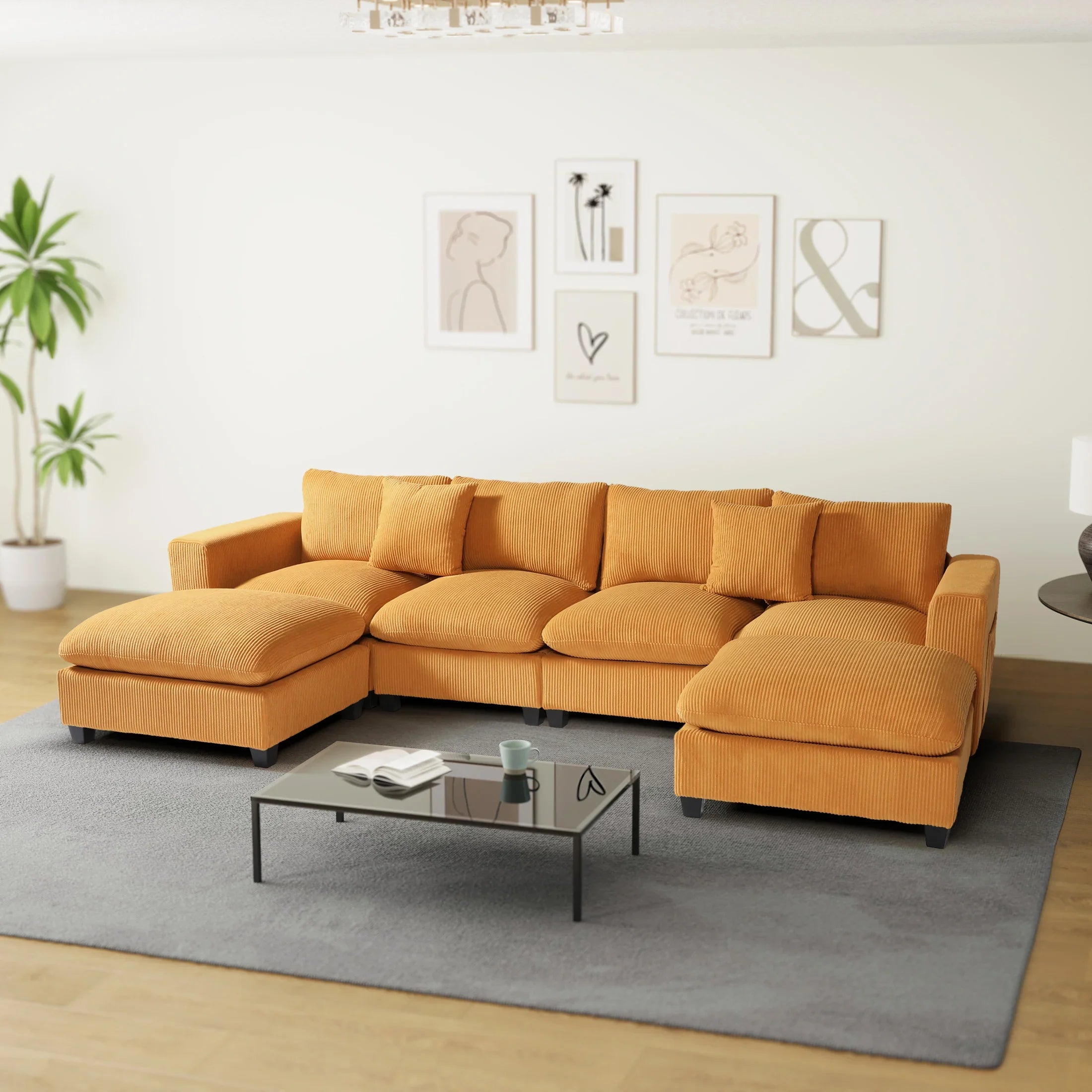 Ava 128" Corduroy Modular U-Shaped Sectional Couch and Chaise With USB/Type-C Ports and Side Pockets