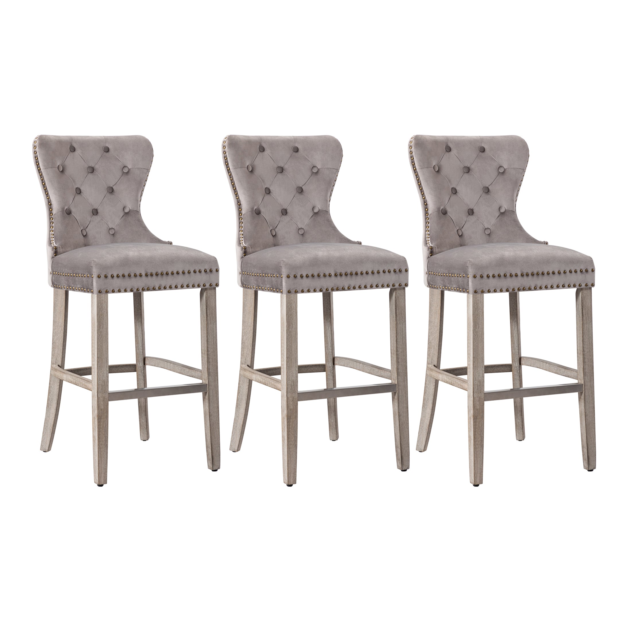 Hank 29" Tufted Velvet Bar Stool (Set of 3), Antique Gray