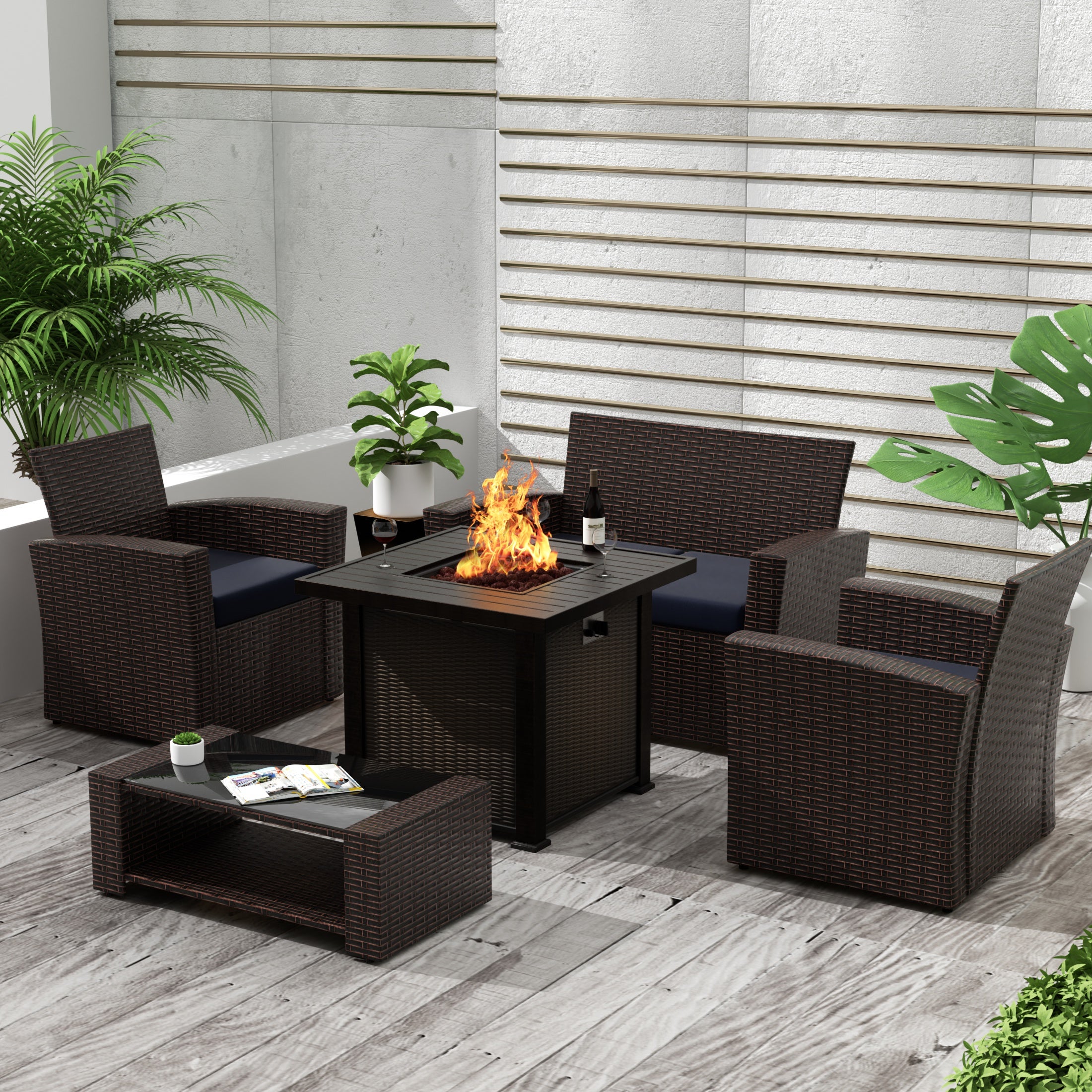 Wynston 4-Piece Conversation Outdoor Patio Sofa Set with Square Fire Pit Table, Chocolate