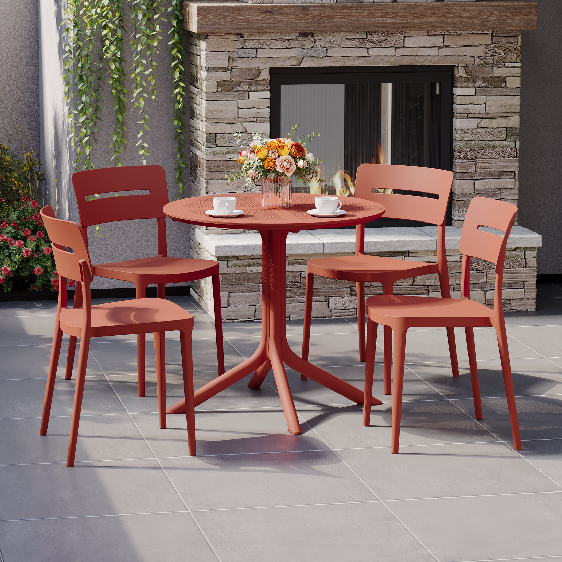 Sunshine Modern 5-Piece Resin Round Patio Dining Table Set with Stackable Patio Dining Chairs