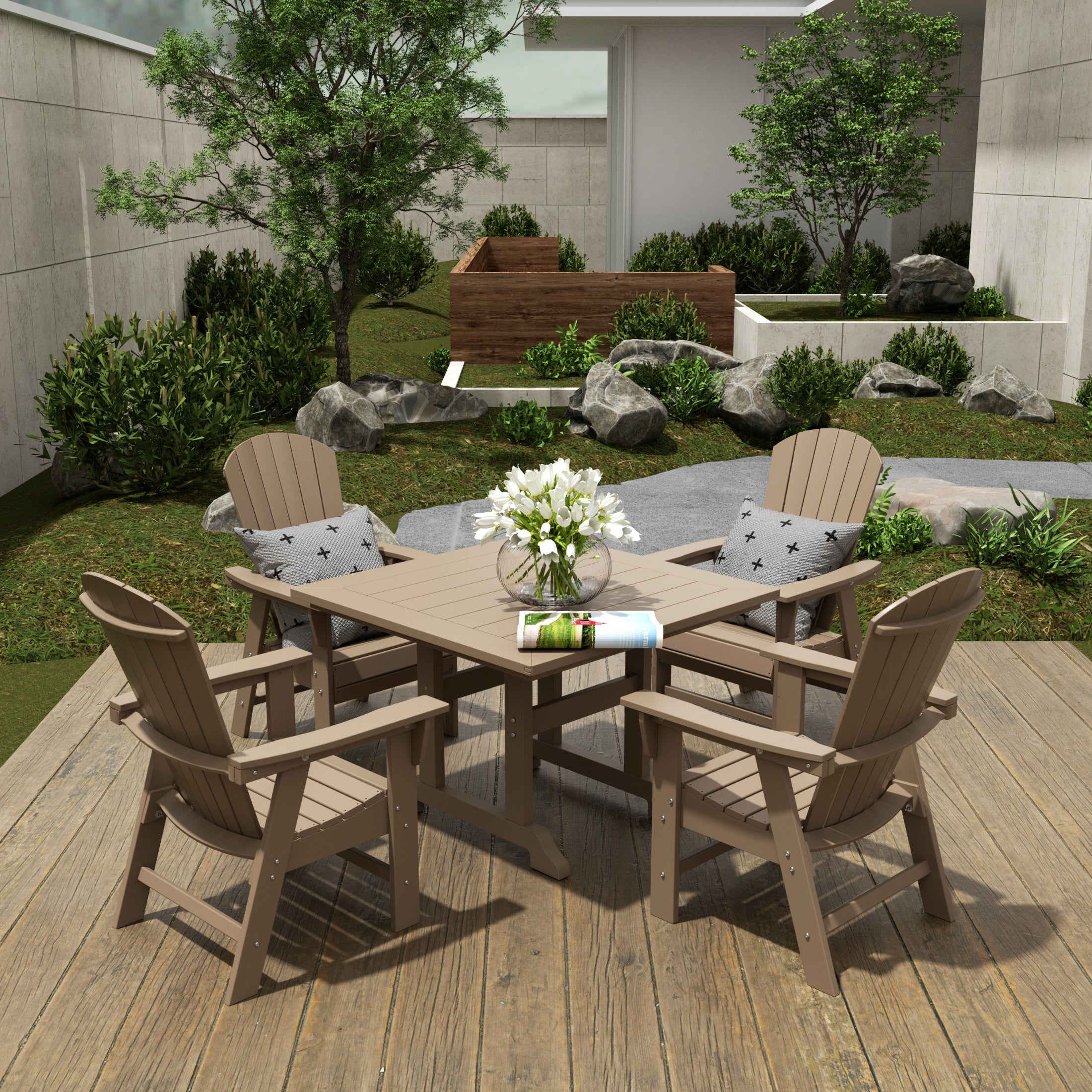 Portside 5 Piece Outdoor Patio Dining Square Table and Shell Back Armchair Set