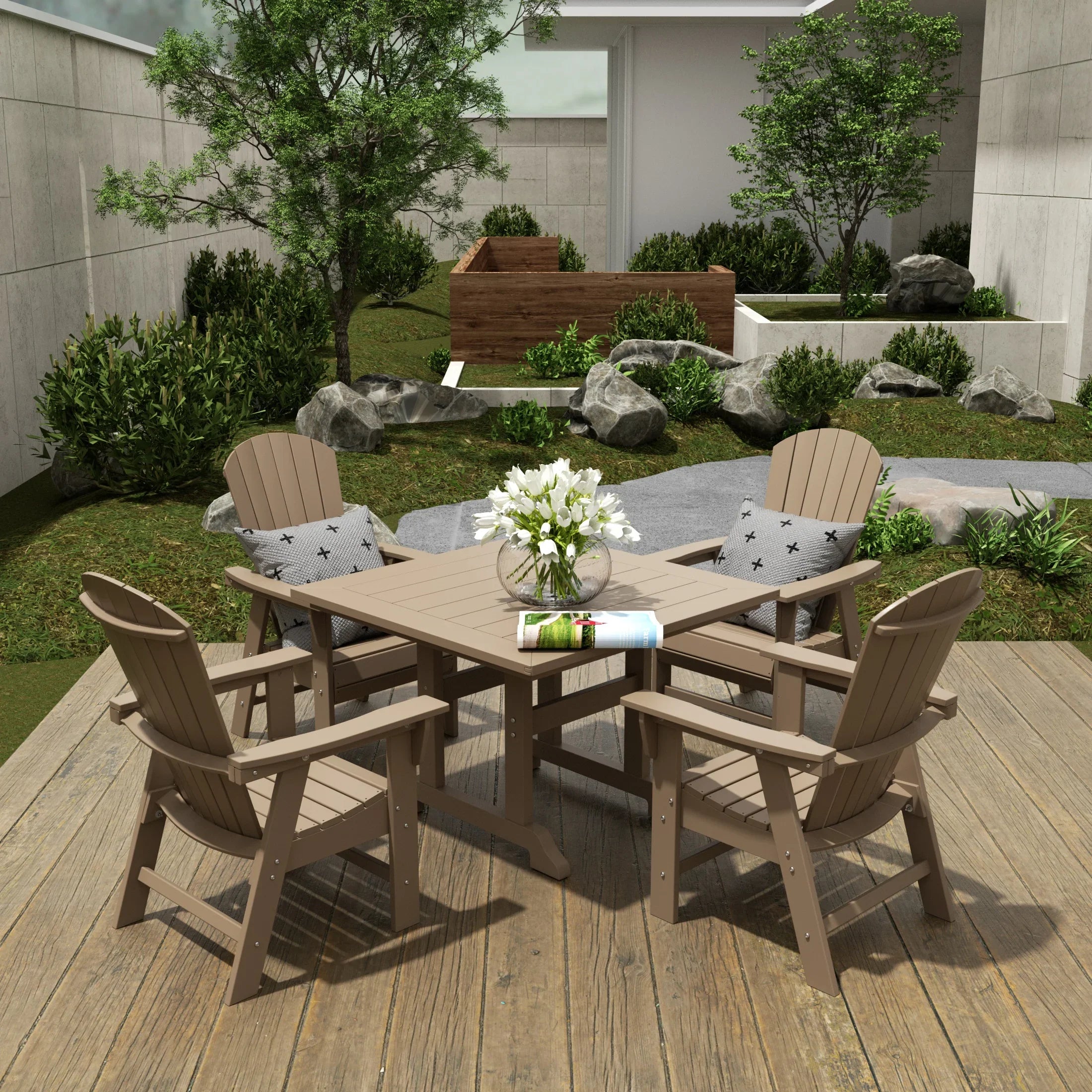 Portside 5 Piece Outdoor Patio Dining Square Table and Shell Back Armchair Set