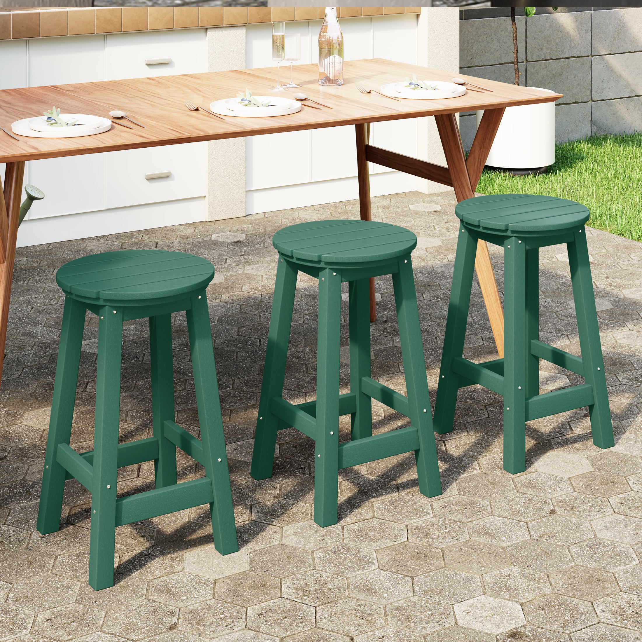Paradise 24" HDPE Outdoor Patio Round Counter Height Bar Stool Set of 3