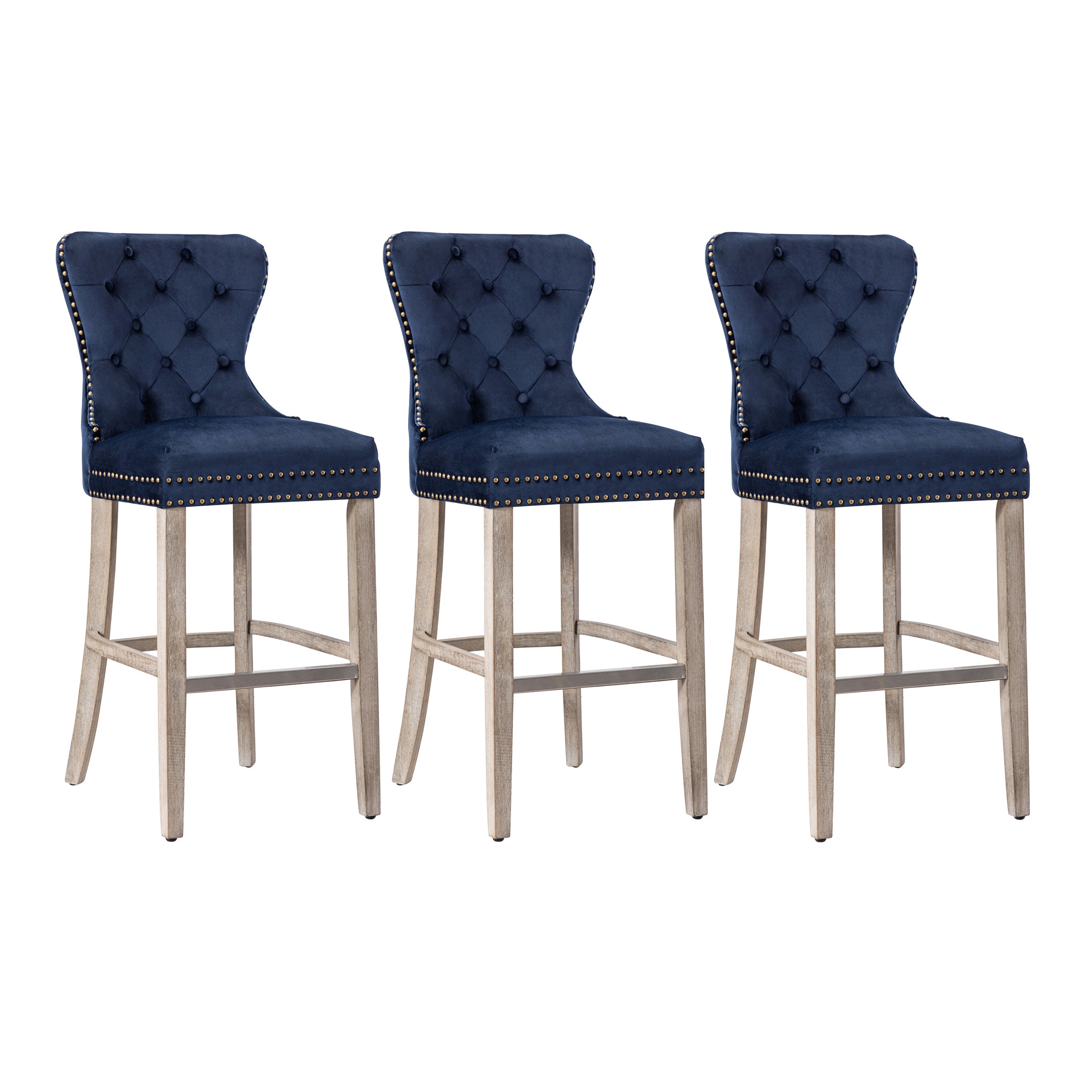 Hank 29" Tufted Velvet Bar Stool (Set of 3), Antique Gray
