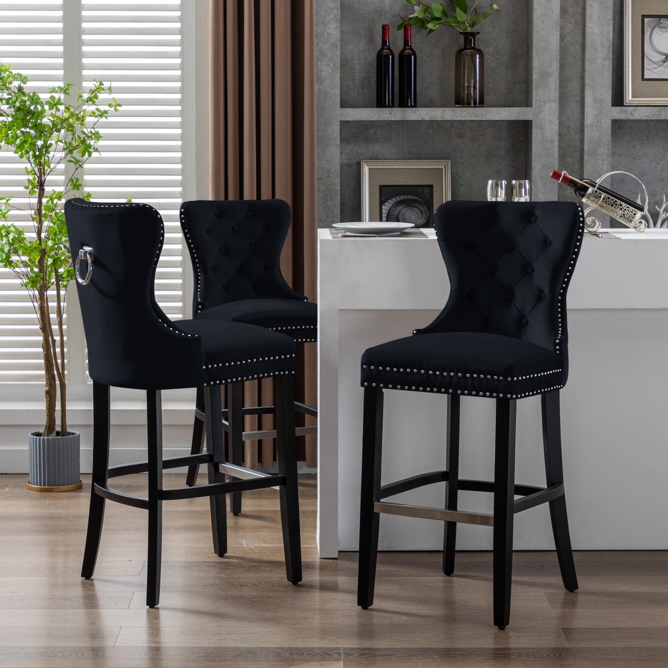 Hank 29" Tufted Velvet Bar Stool (Set of 3), Antique Gray