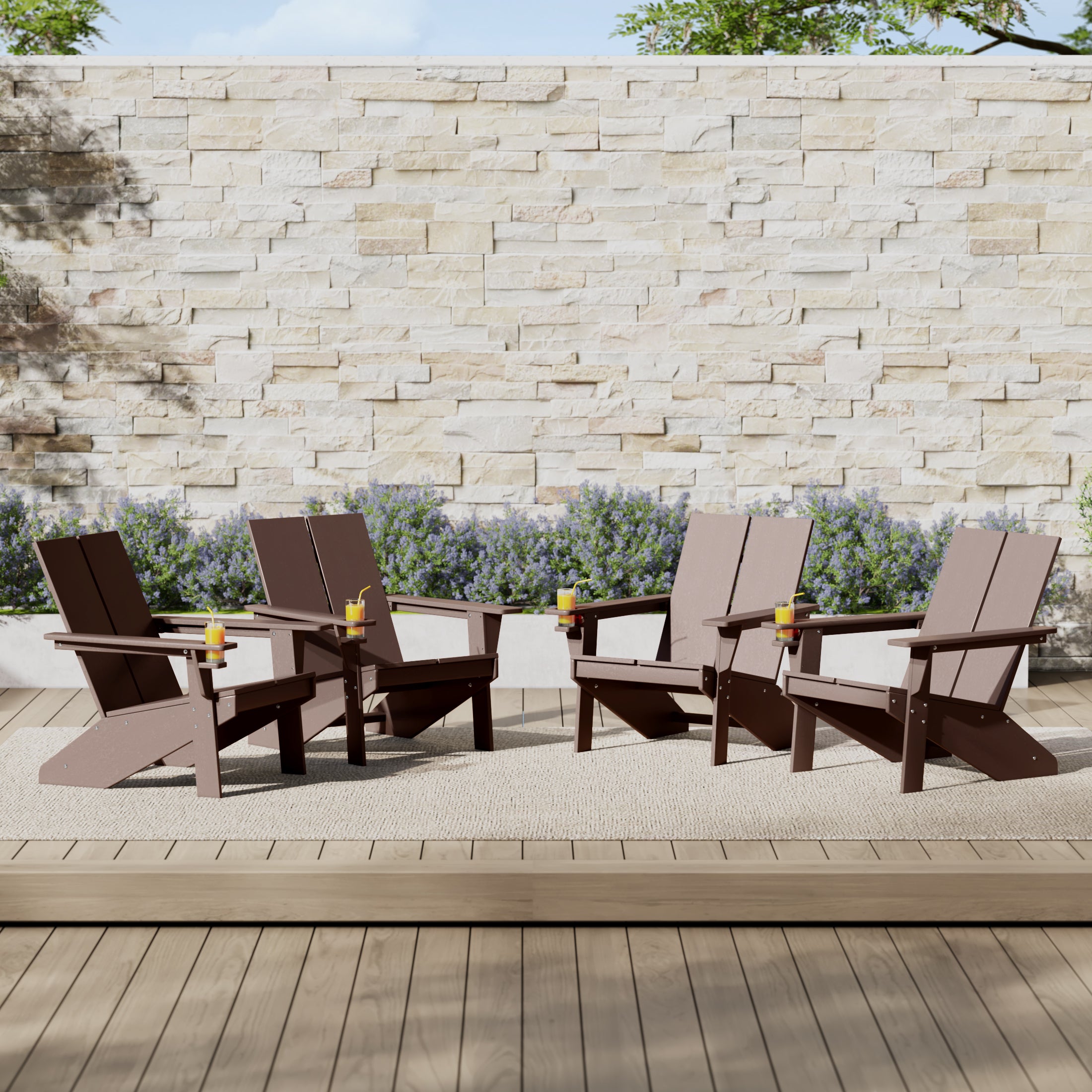 Seaview Outdoor HDPE Modern Adirondack Chair with Cup Holder (Set of 4)