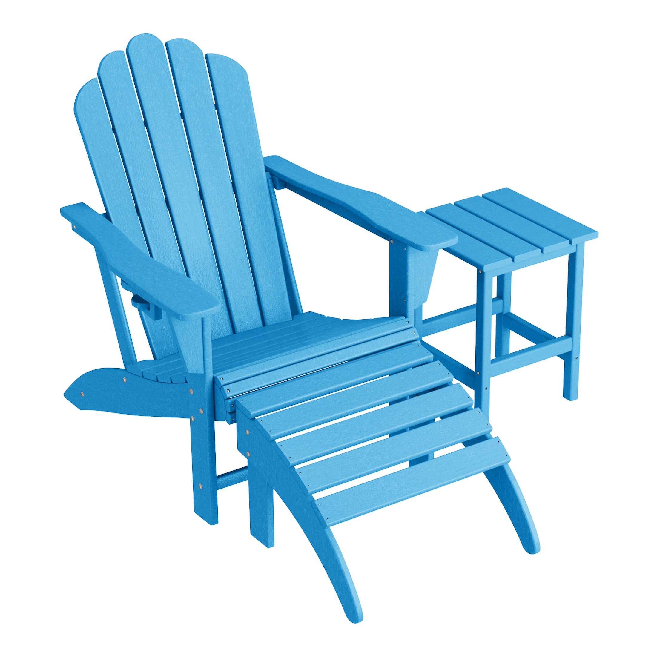 Lakeview 3-Piece Adirondack Chair with Cup Holder and Folding Ottoman and Table Set