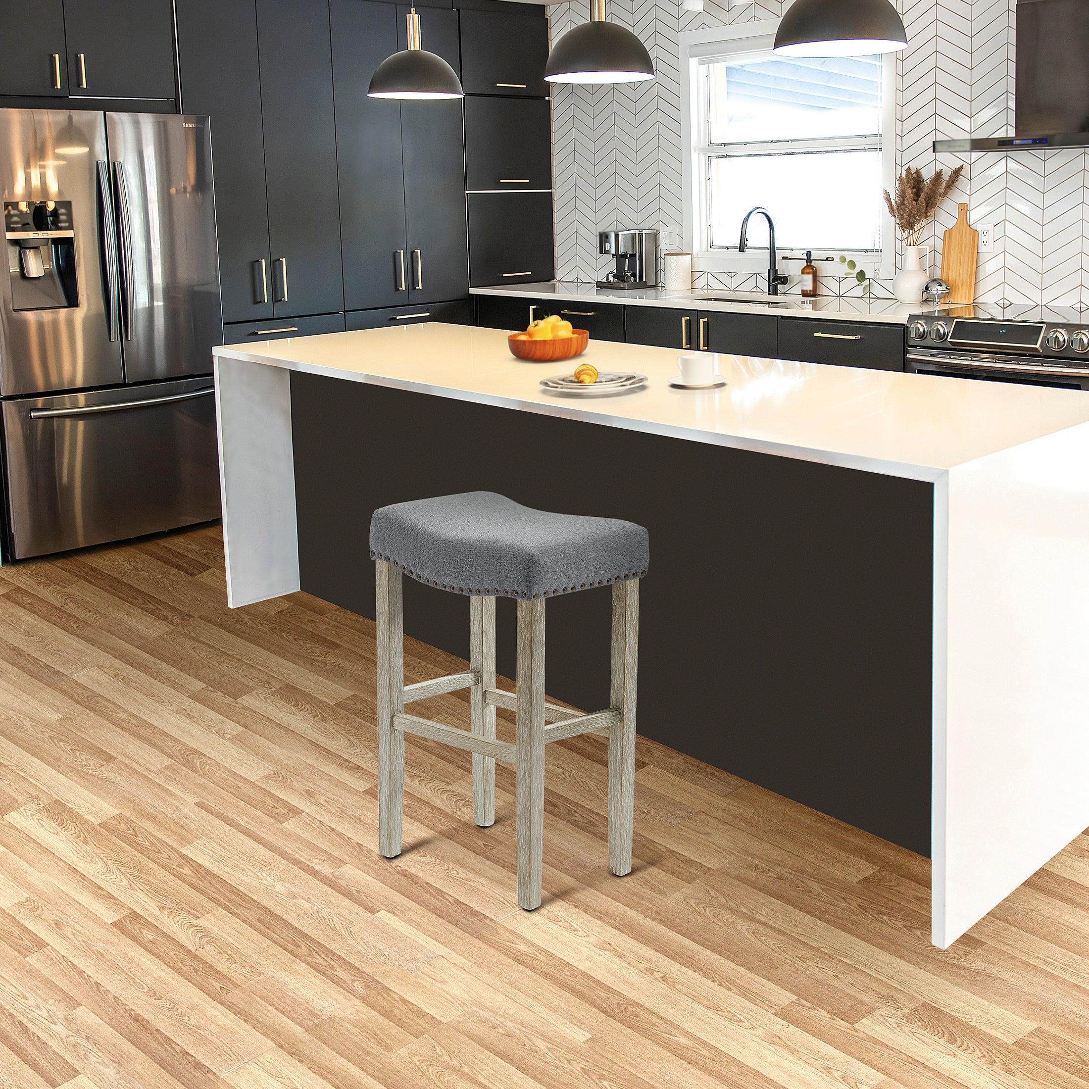 Bulmon 29" upholstered nail head bar counter stools with Antique Gray color legs