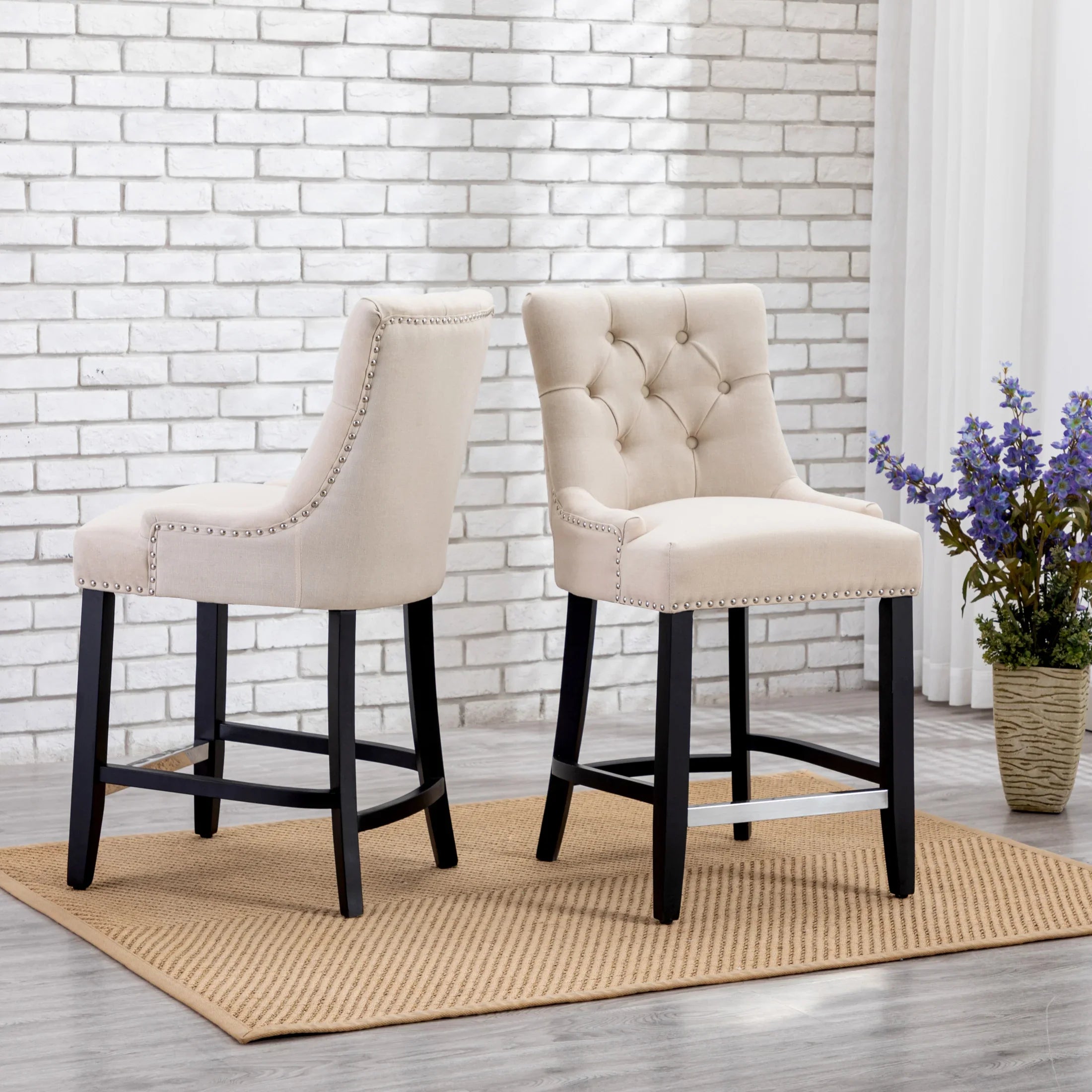 Bellmount 24" Upholstered Wood Bar Stool with Tufted Back (Set of 2)