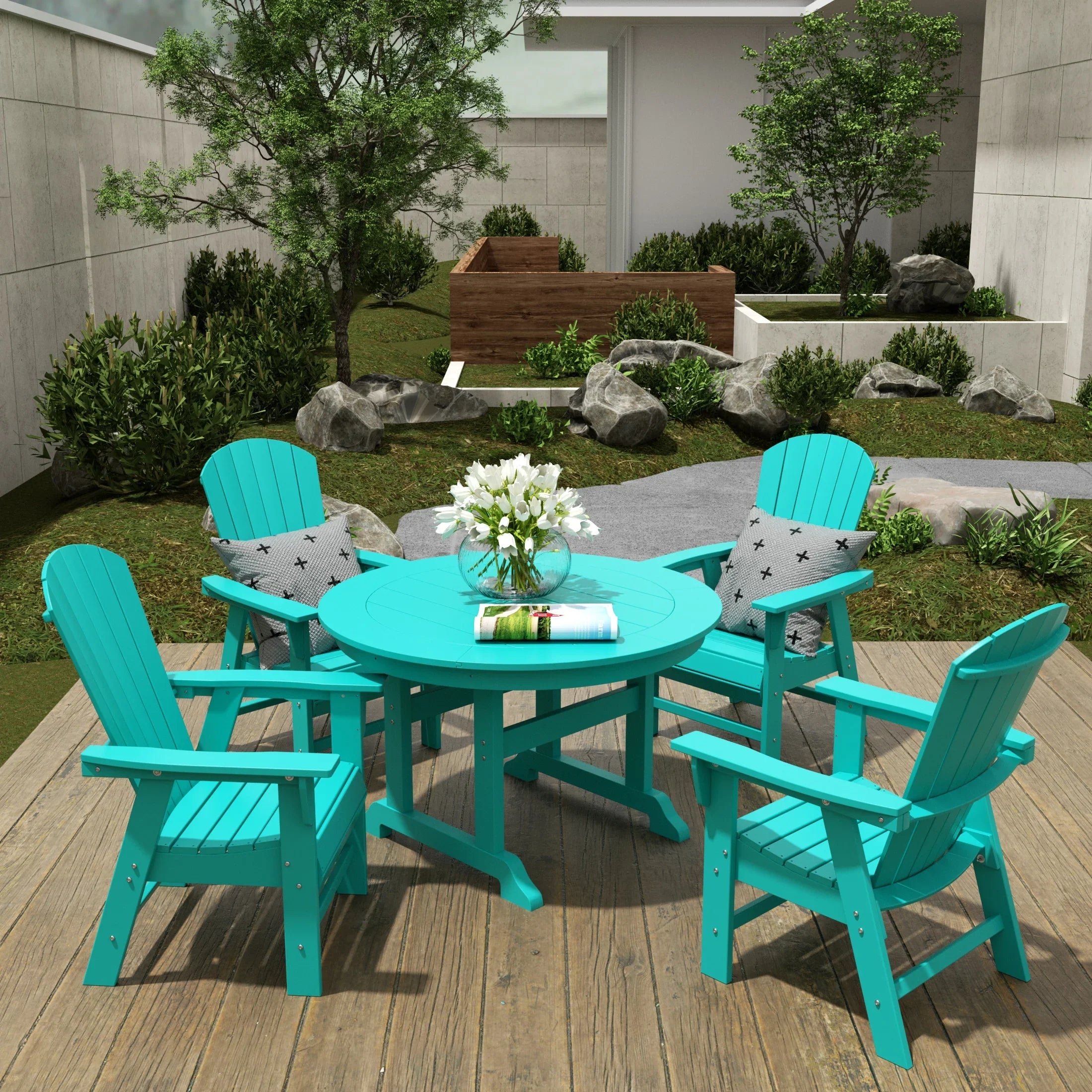 Portside 5 Piece Outdoor Patio Dining Round Table and Shell Back Armchair Set