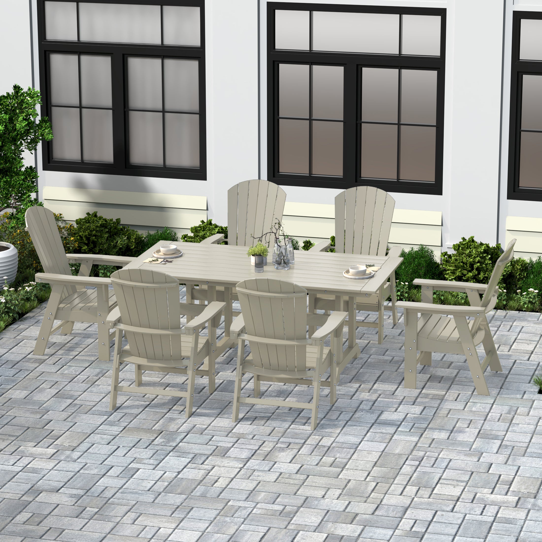Portside 7 Piece Outdoor Patio Dining Table and Adirondack Armchair Set