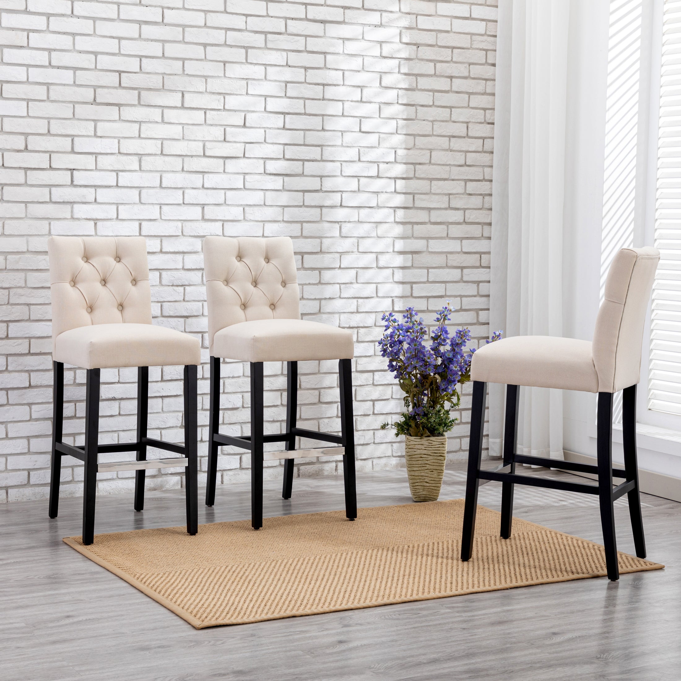 Bellmount 29" Upholstered Wood Bar Stool with Tufted Back (Set of 3)