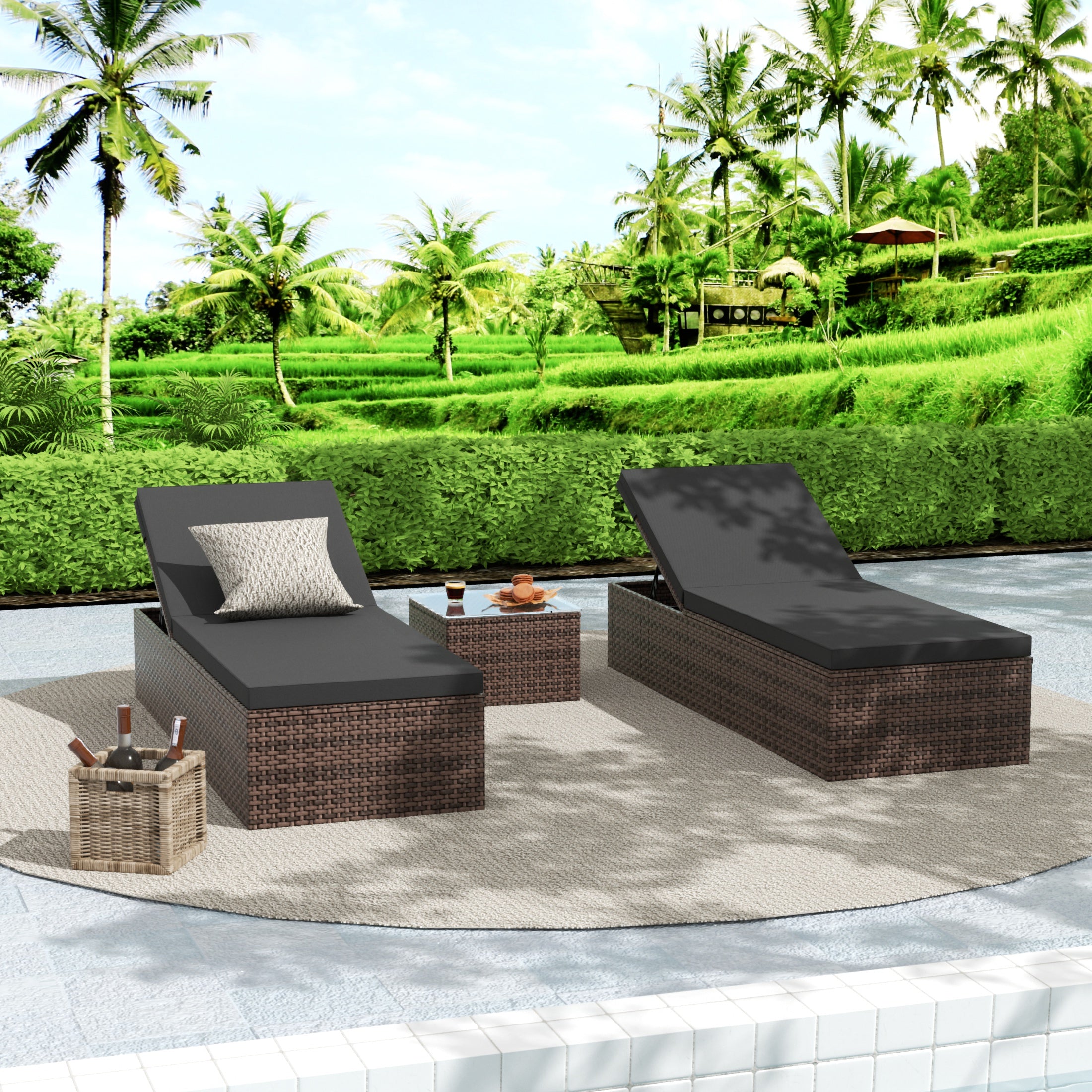 3-Piece Outdoor Wicker Chaise Lounge Set with Side Table