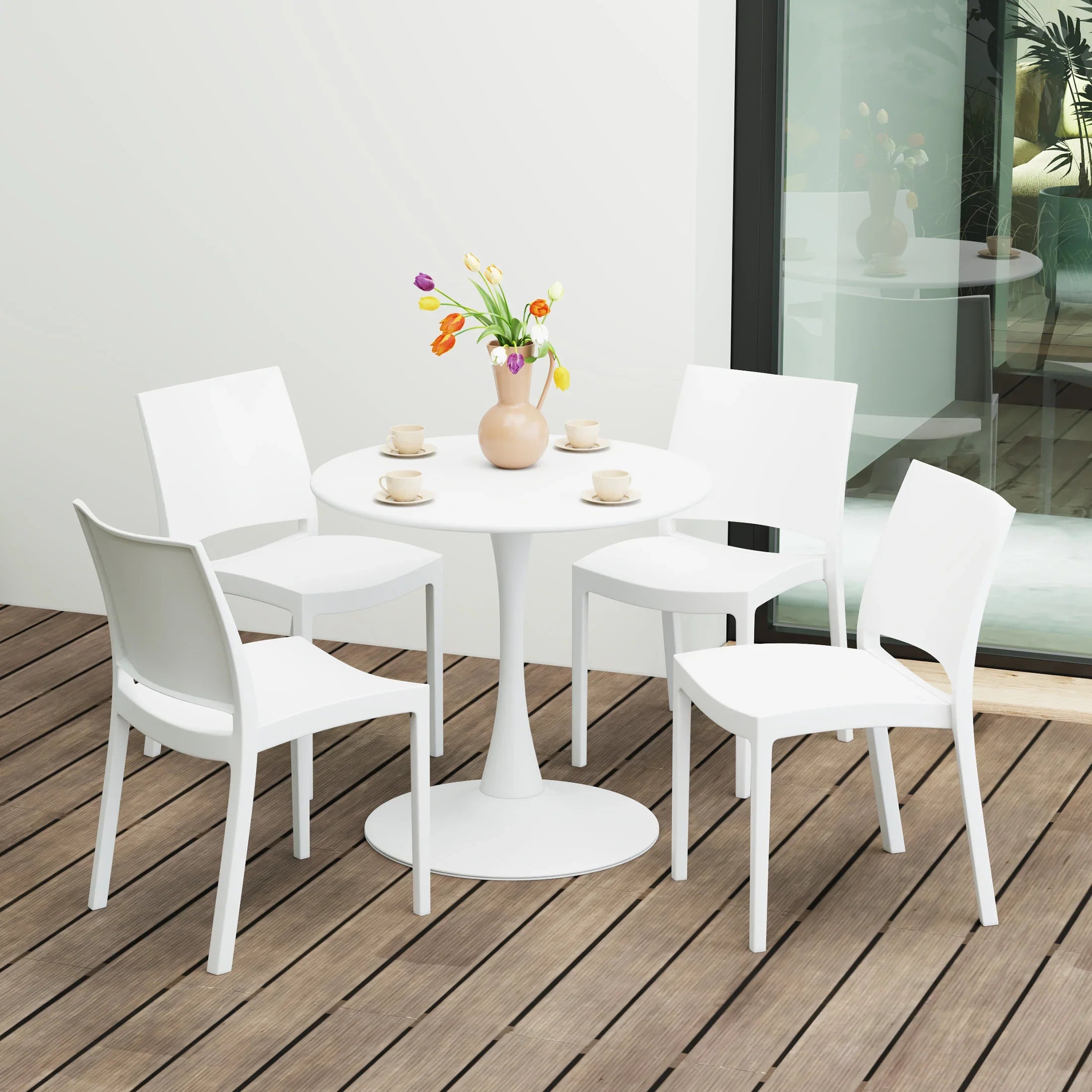 Sunshine 5-Piece Indoor Outdoor Round Metal Patio Dining Table Set With Stackable Patio Dining Side Chairs