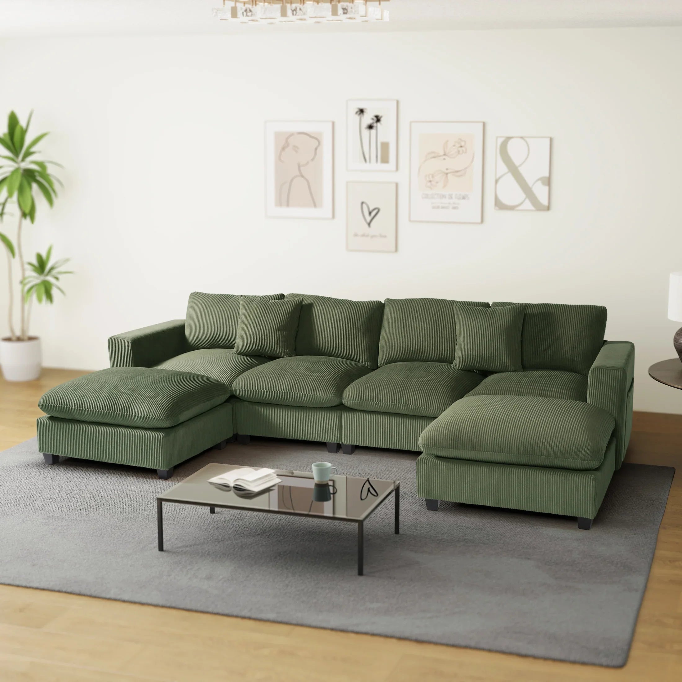 Ava 128" Corduroy Modular U-Shaped Sectional Couch and Chaise With USB/Type-C Ports and Side Pockets