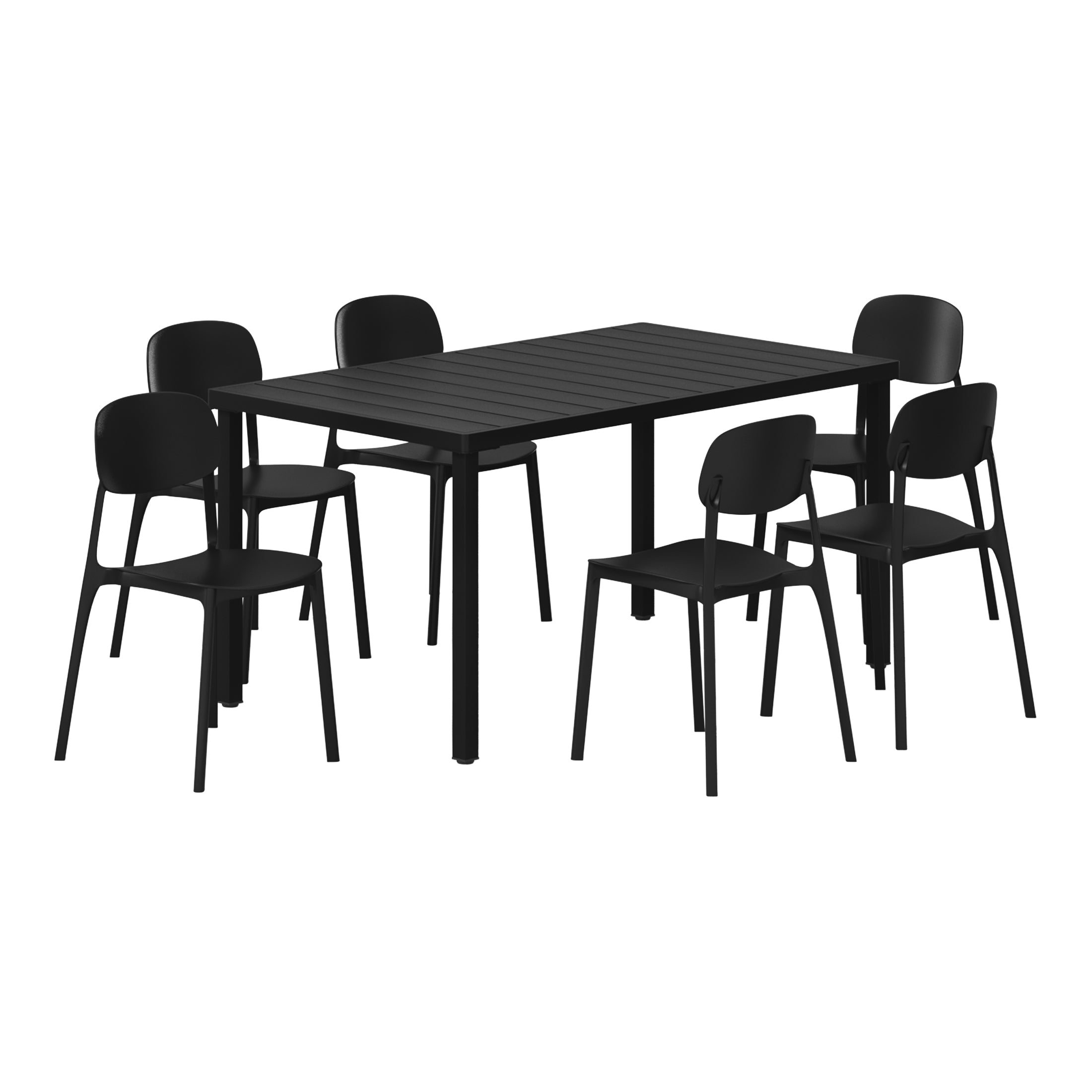 Sunshine 7-Piece Outdoor Rectangular Metal Patio Dining Table Set With Mid-Century Modern Stackable Patio Side Chairs