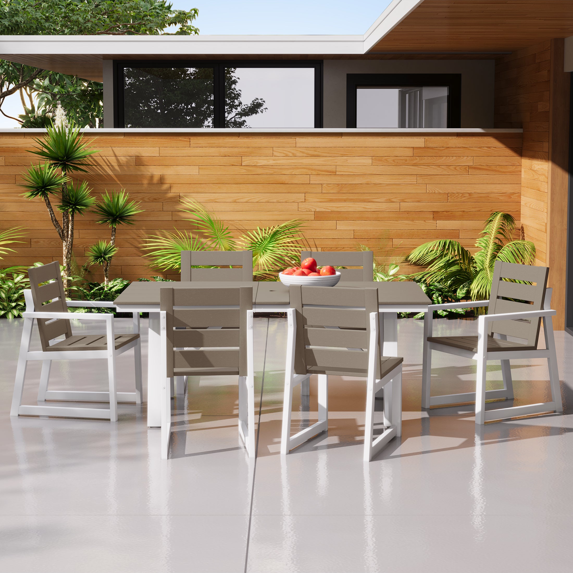 Stinson 7-Piece HDPE Outdoor Furniture Patio Dining Table With Umbrella Hole and Chairs Set For 6