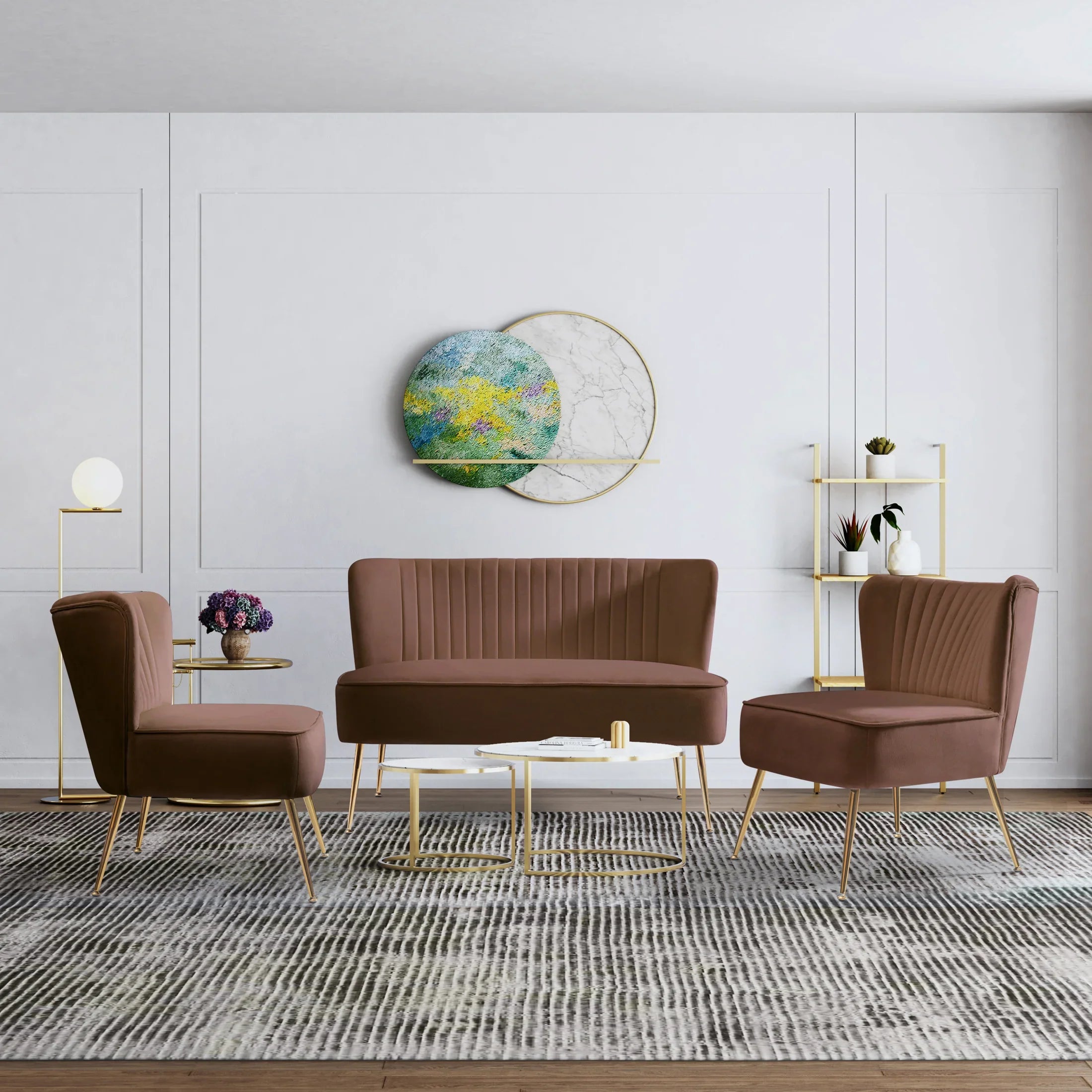 Alaia Mid Century Modern Tufted Velvet Loveseat Sofa and 25" Accent Chair 3-Piece Set