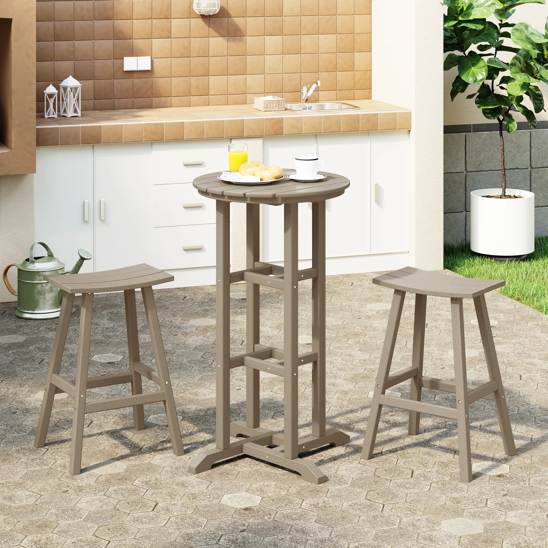 Paradise Outdoor Patio Bar Height Table and Bar Stool 3-Piece Dining Set