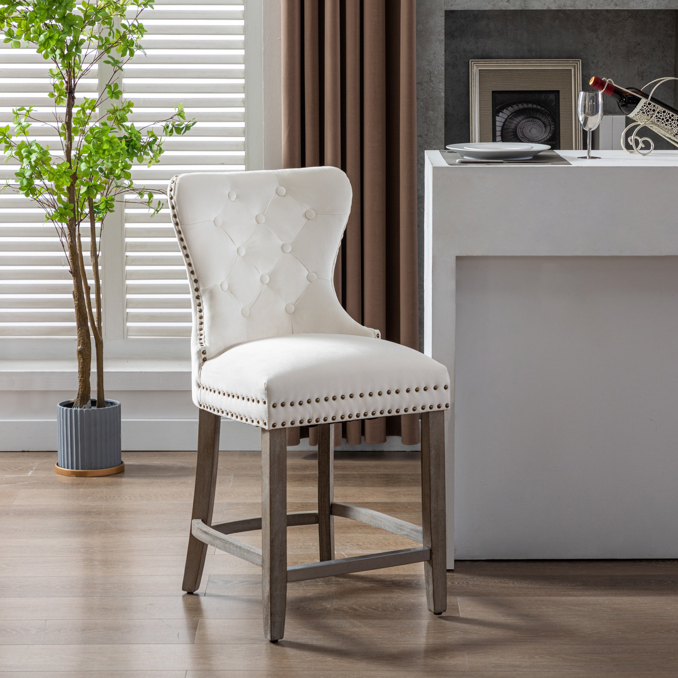 Hank 24" Tufted Velvet Counter Stool, Antique Gray