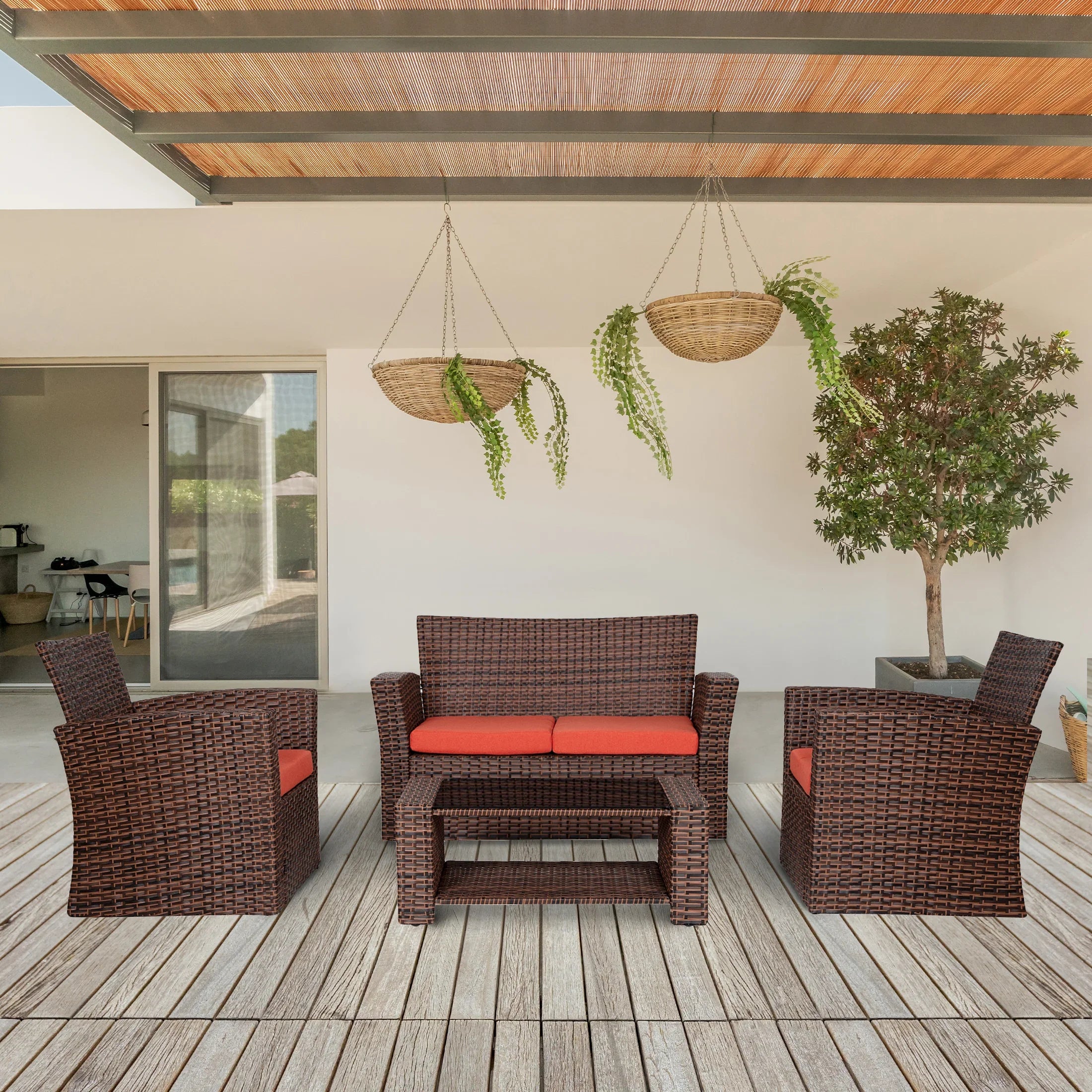 Wynston 4-Piece set Brown color base Outdoor / Patio Wicker Rattan Conversation Sofa set with cushions and a Coffee table ( 4 seater )