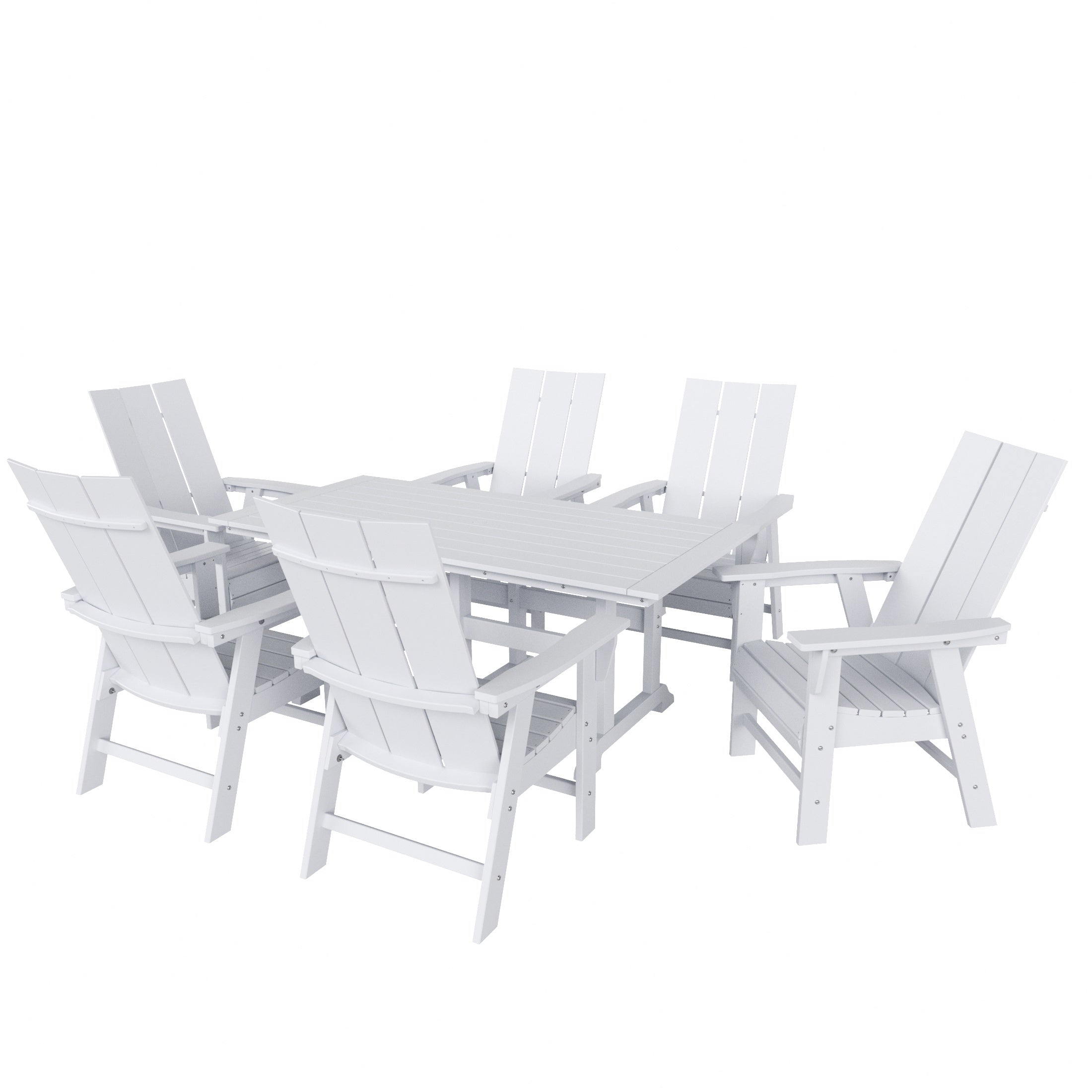 Palms 7 Piece Outdoor Patio Dining Table and Modern Adirondack Armchair Set