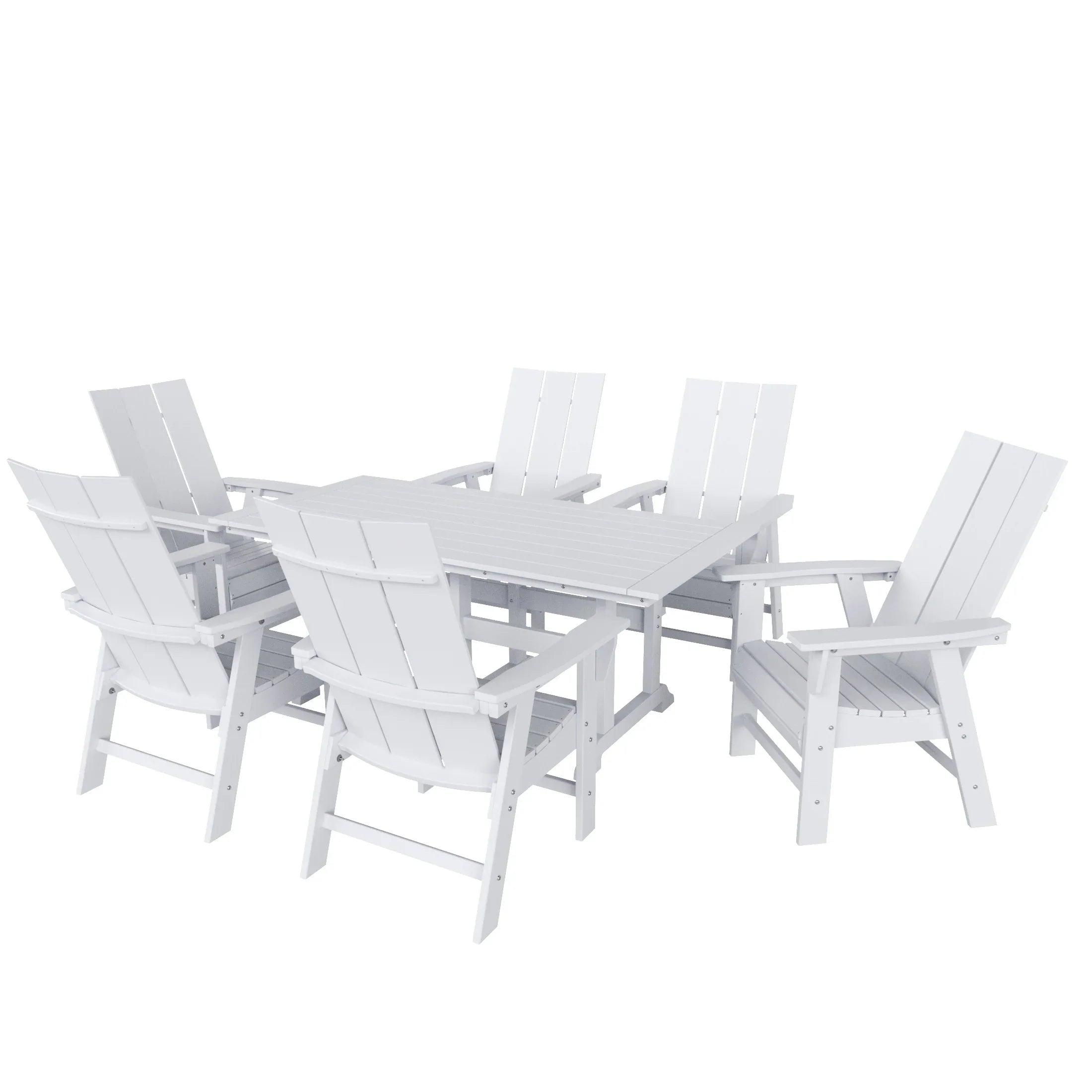Palms 7 Piece Outdoor Patio Dining Table and Modern Adirondack Armchair Set