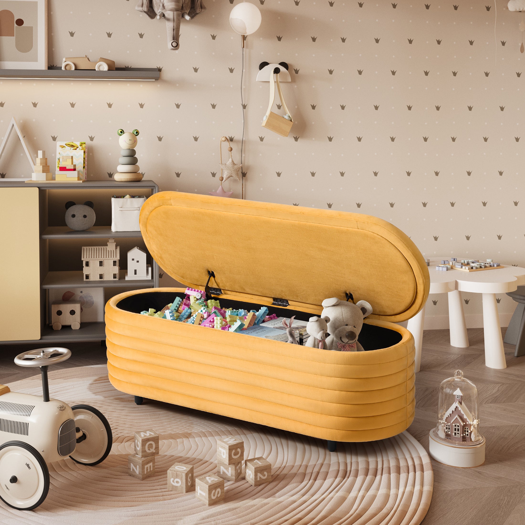 Alaia 54" Wide Mid-Century Modern Upholstered Velvet Tufted Oval Storage Ottoman Bench