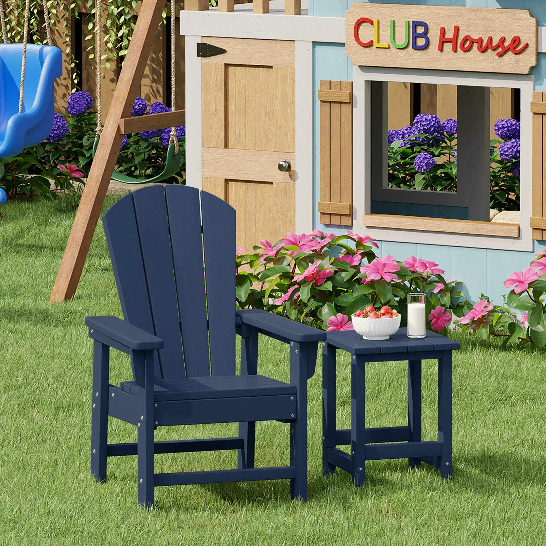 Paradise 2-Piece Kids Outdoor HDPE Adirondack Chair With Square Side Table Set