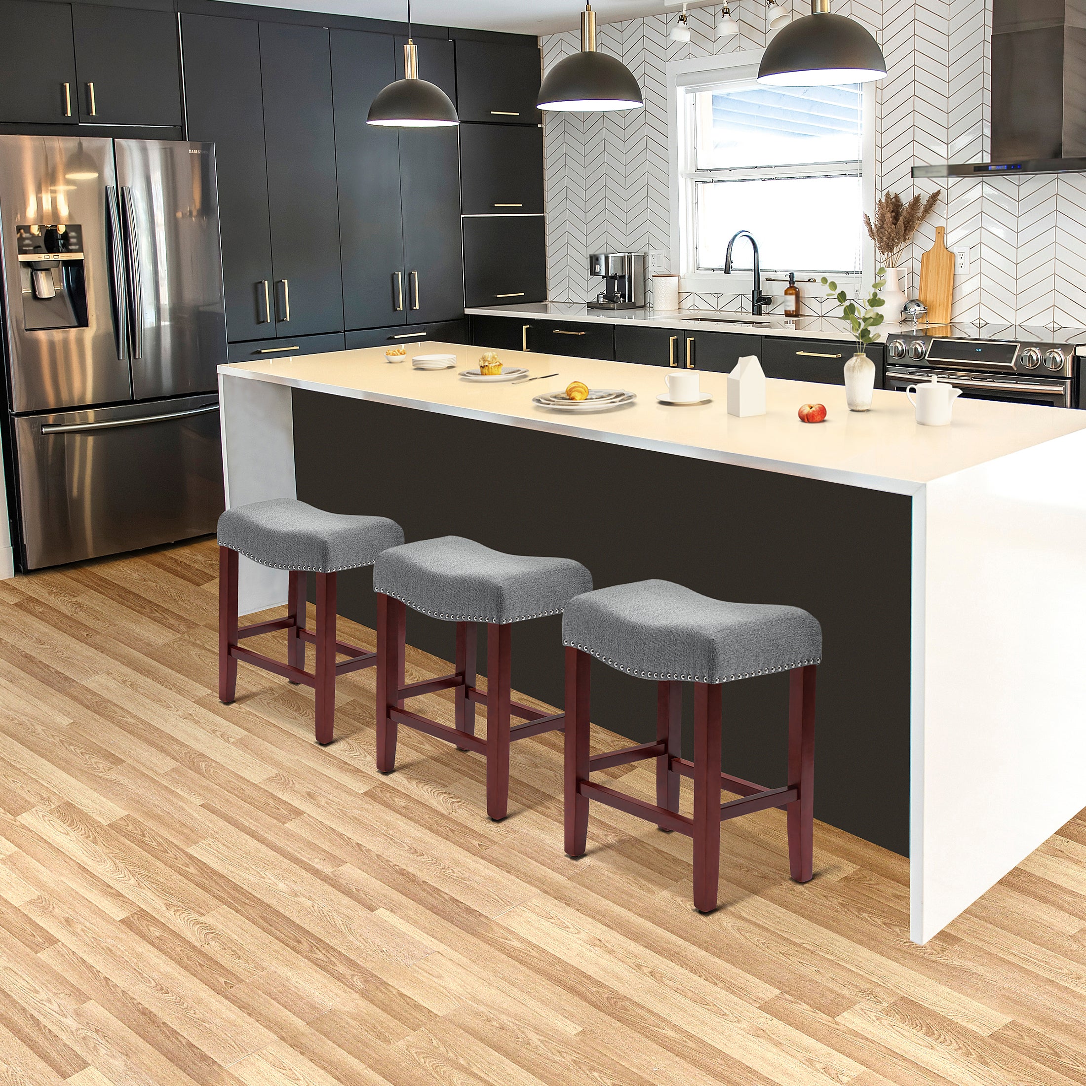 Bulmon 24" Upholstered Saddle Seat Cherry Counter Stool (Set of 3)