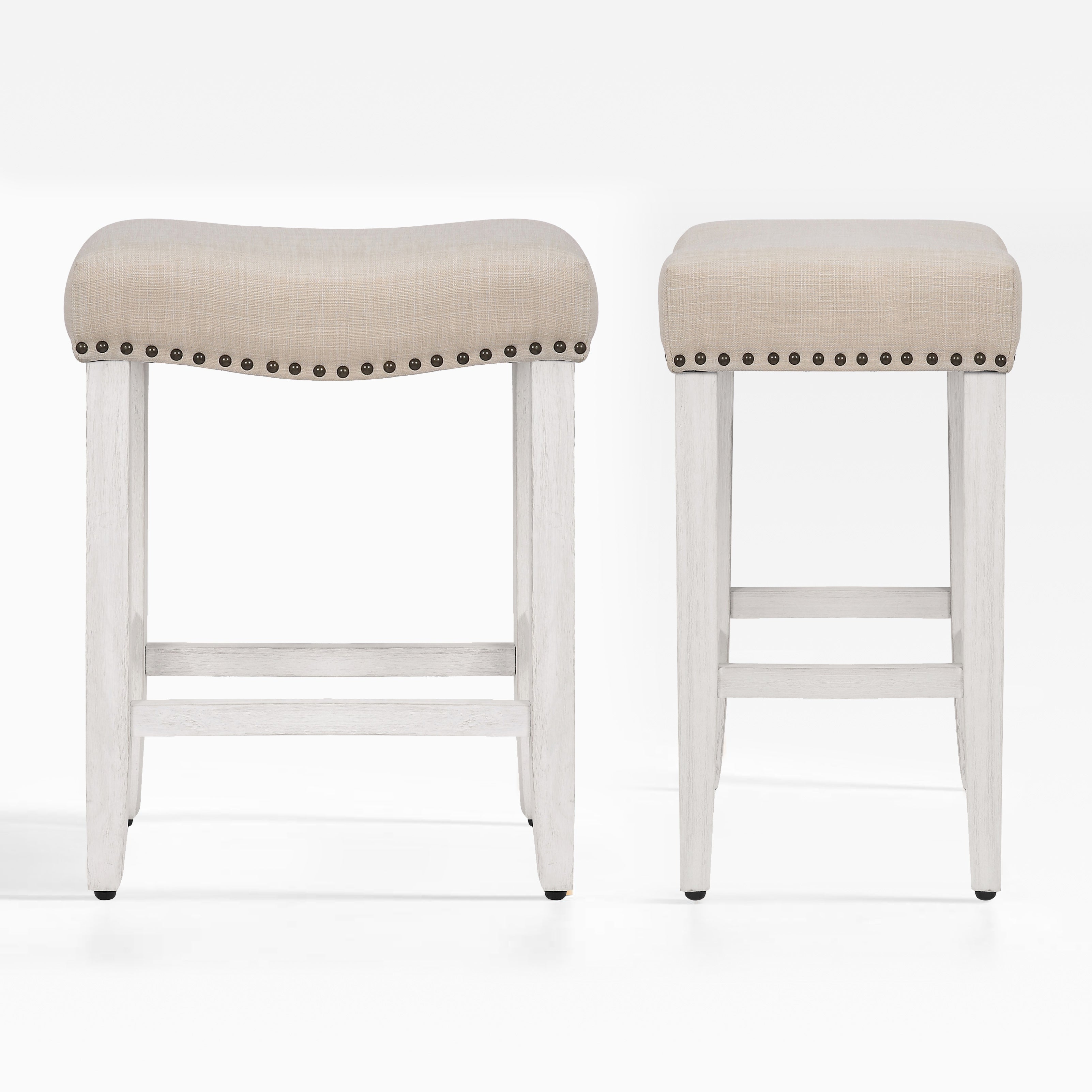 Bulmon 24" upholstered nail head bar counter stools with Antique White color legs (2 piece set)