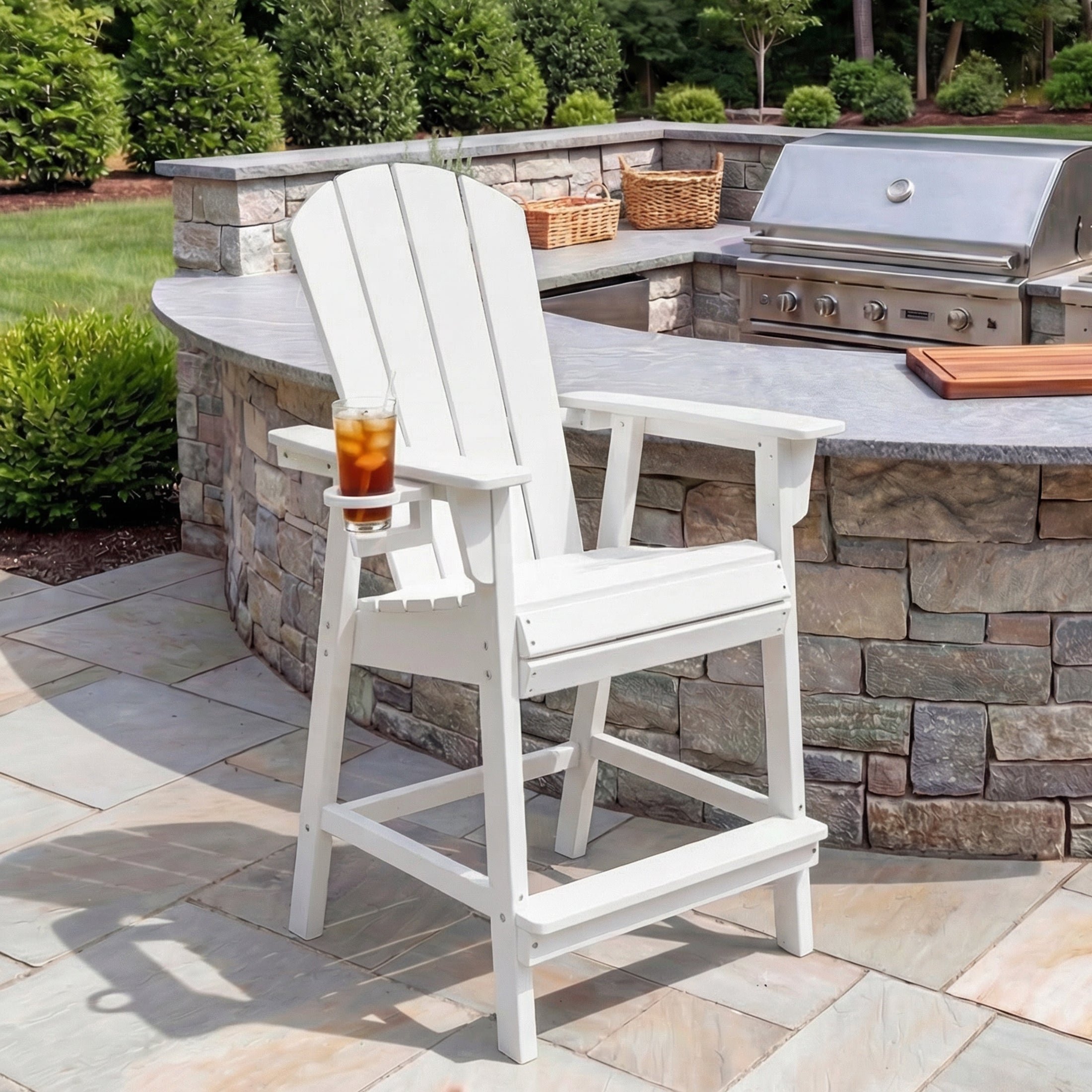 Paradise Outdoor HDPE Tall Adirondack Counter Height Bar Chair With Cup Holder