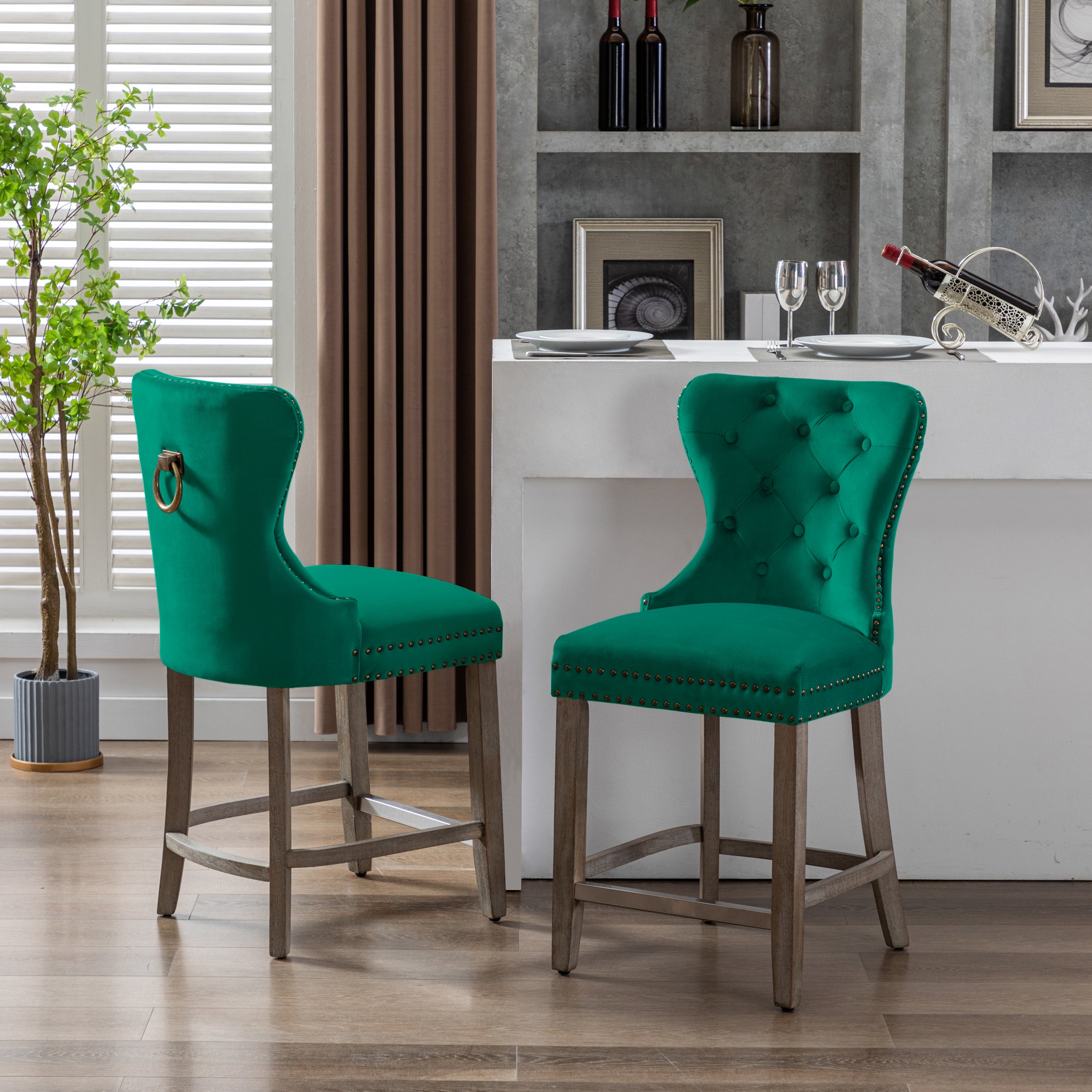 Hank 24" Tufted Velvet Counter Stool (Set of 2), Antique Gray