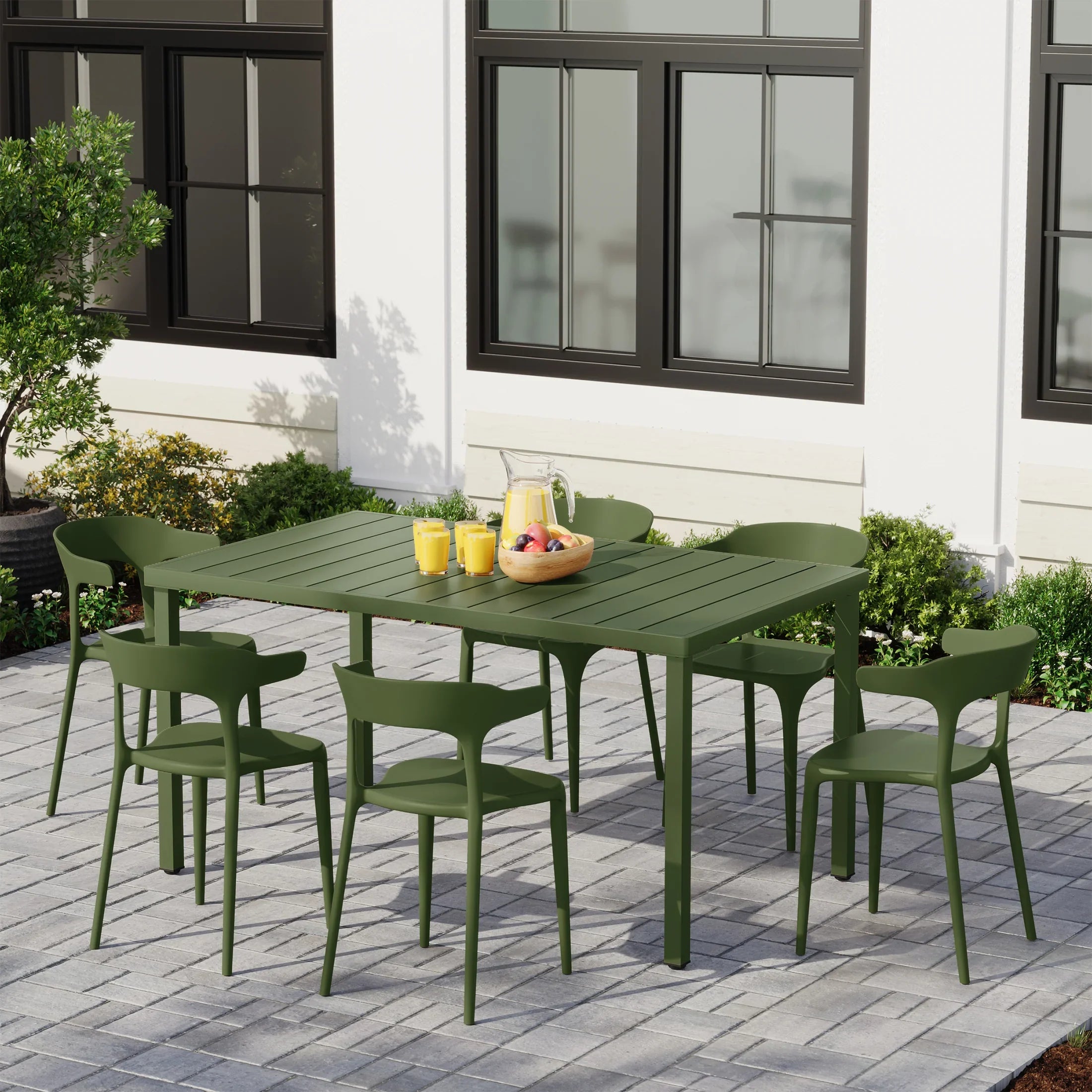 Sunshine 7-Piece Outdoor Metal Rectangle Patio Dining Table Set With Stackable Plastic Dining Chairs For 6