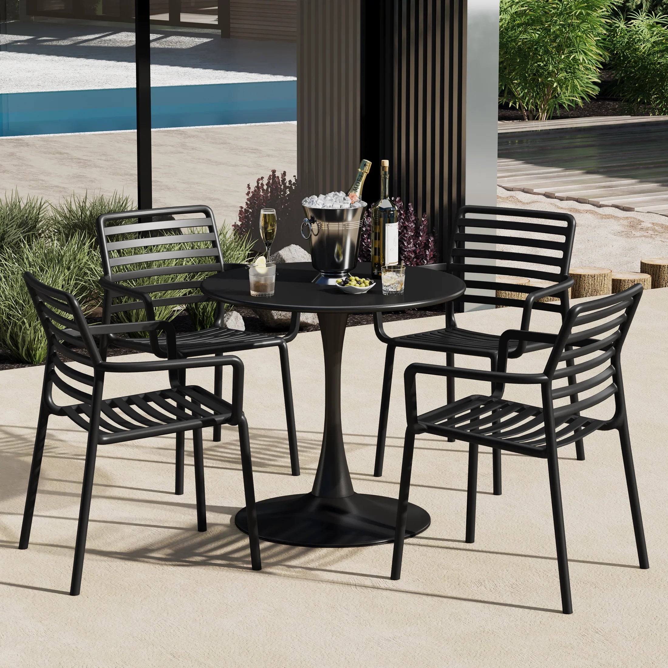Sunshine 5-Piece Indoor Outdoor Metal Patio Dining Table Set With Stackable Plastic Patio Arm Chairs