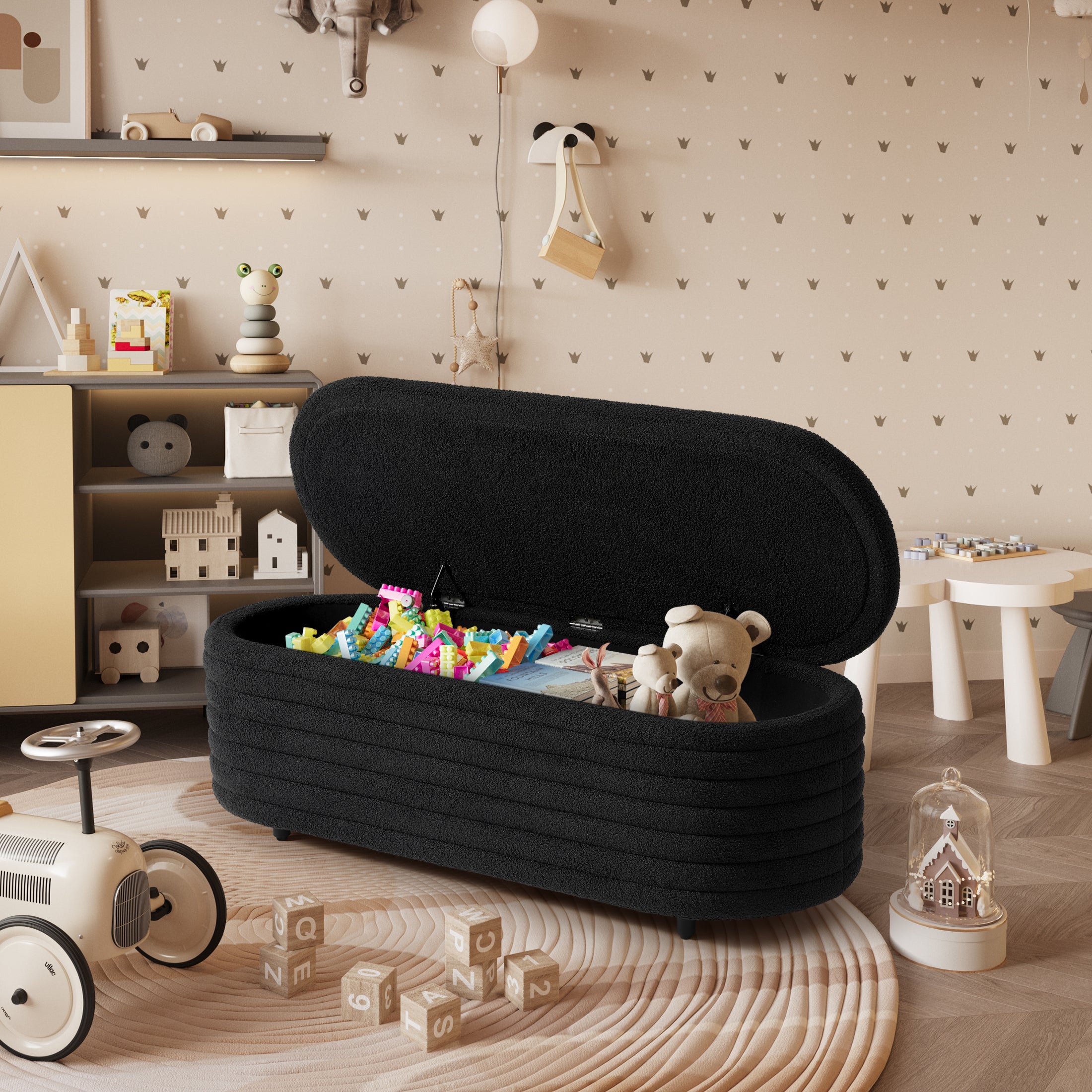 Celine 54" Wide Mid-Century Modern Upholstered Teddy Sherpa Tufted Oval Storage Ottoman Bench