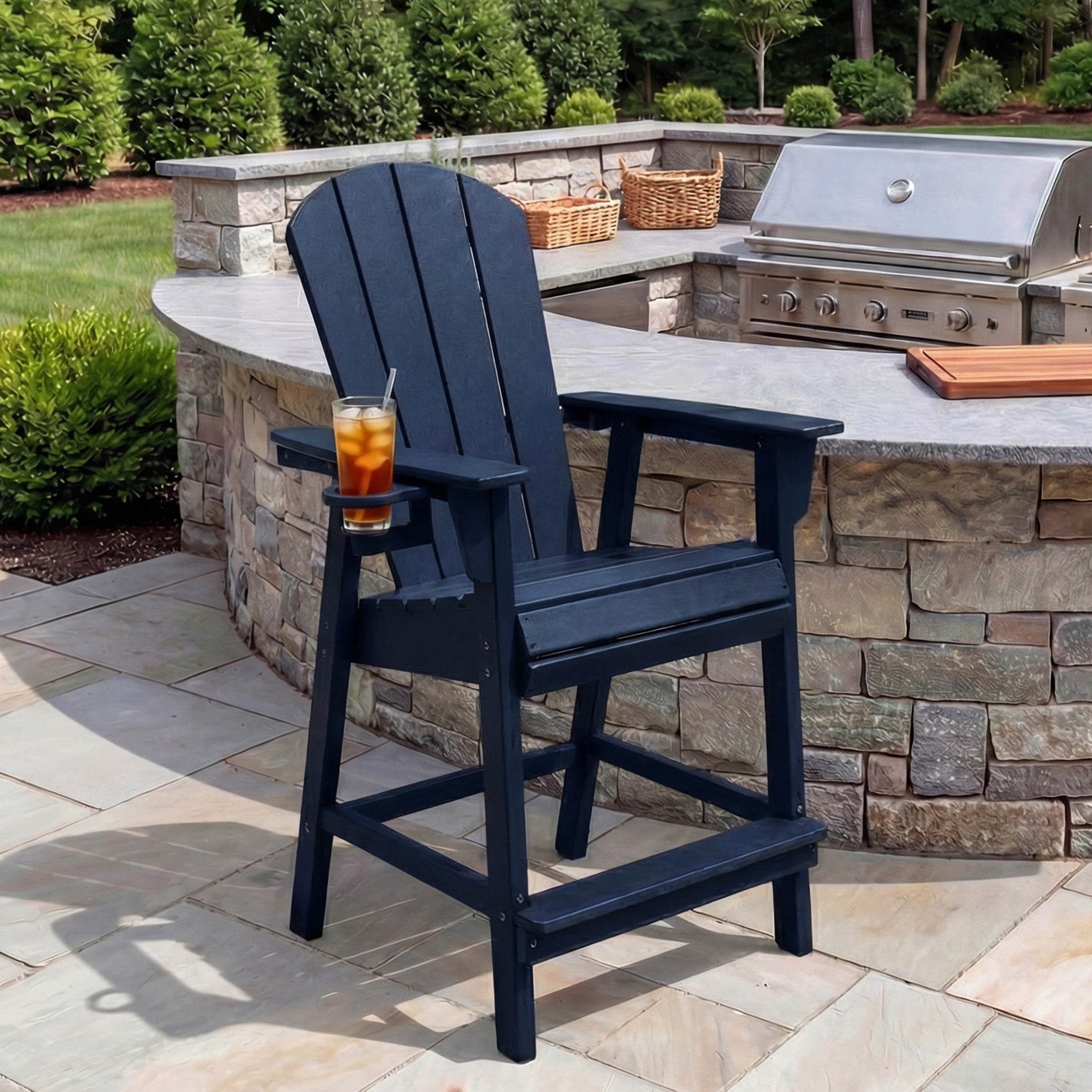 Paradise Outdoor HDPE Tall Adirondack Counter Height Bar Chair With Cup Holder