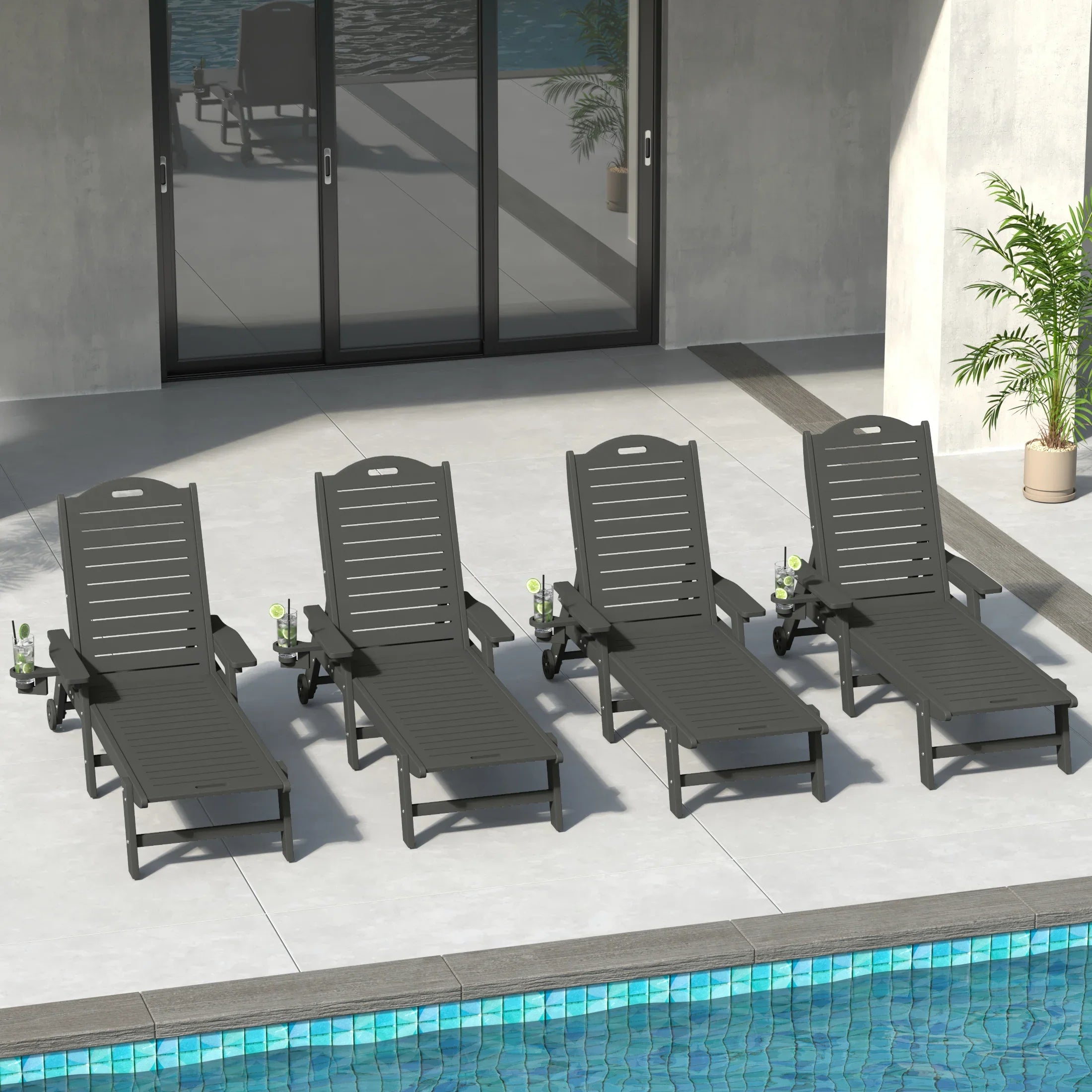 Lago Outdoor HDPE Patio Chaise Lounges With Wheels & Cup Holder (Set of 4)