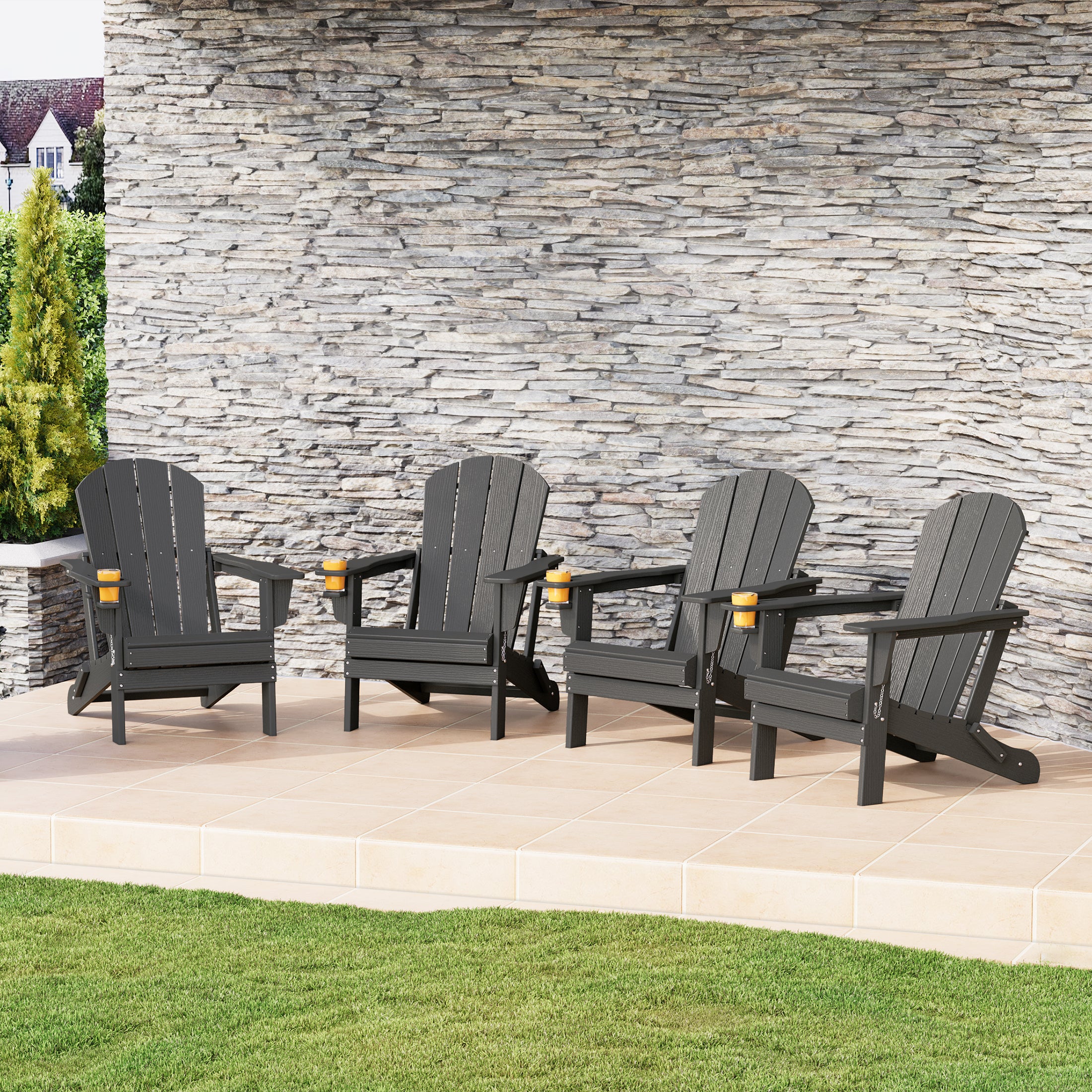 Rockport Outdoor Patio HDPE Resin Folding Adirondack Chairs With Cup Holder and Phone Holder (Set of Four)