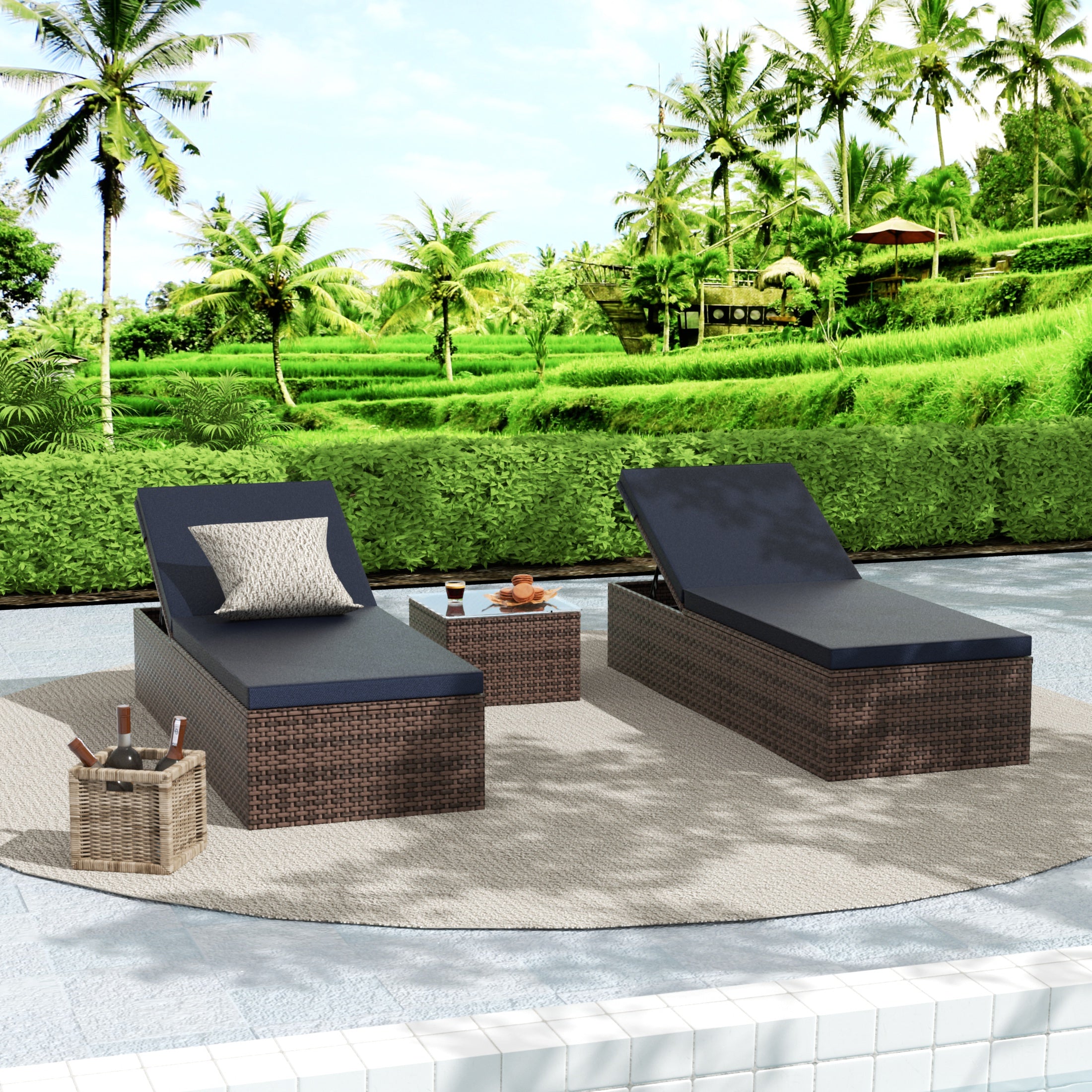 3-Piece Outdoor Wicker Chaise Lounge Set with Side Table