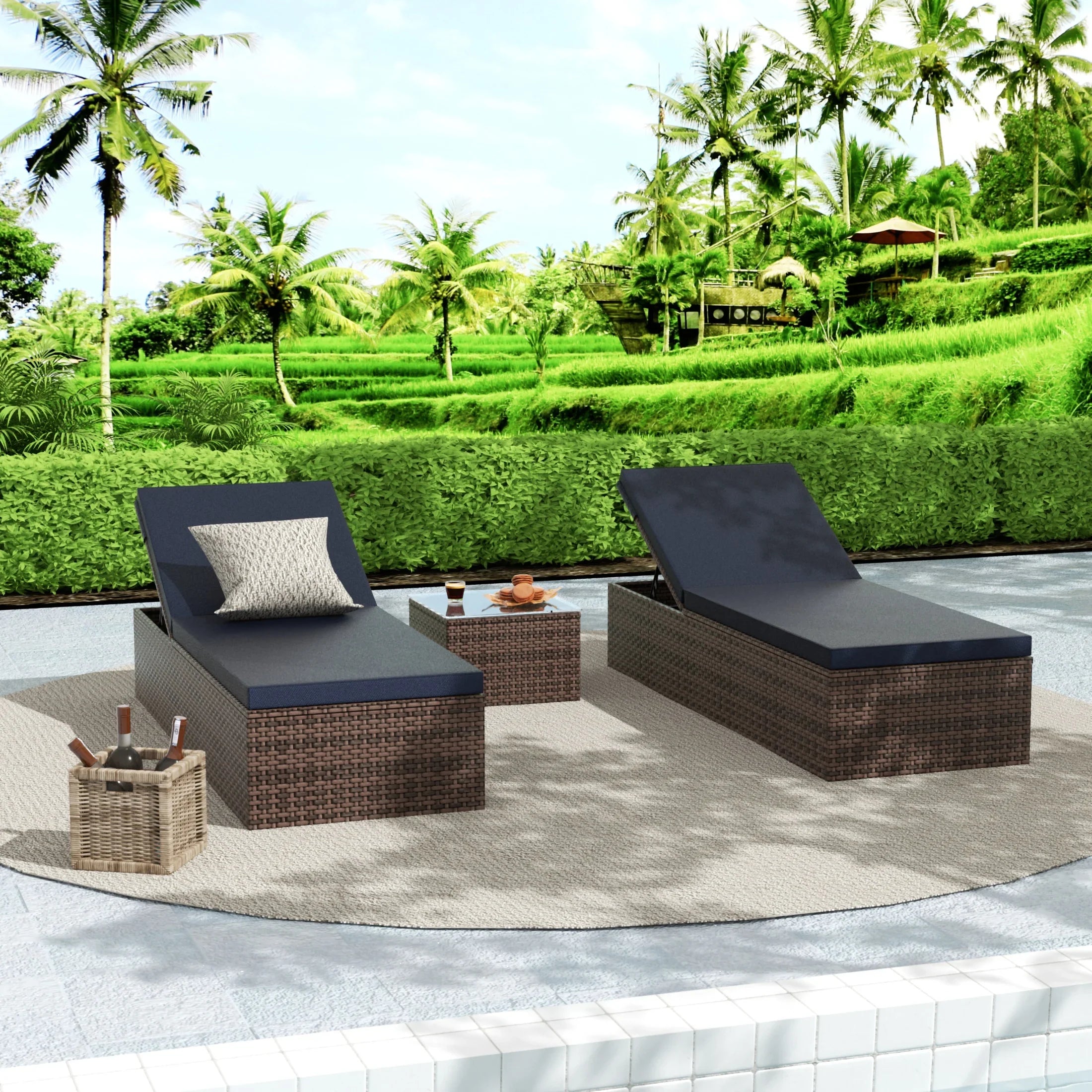 3-Piece Outdoor Wicker Chaise Lounge Set with Side Table