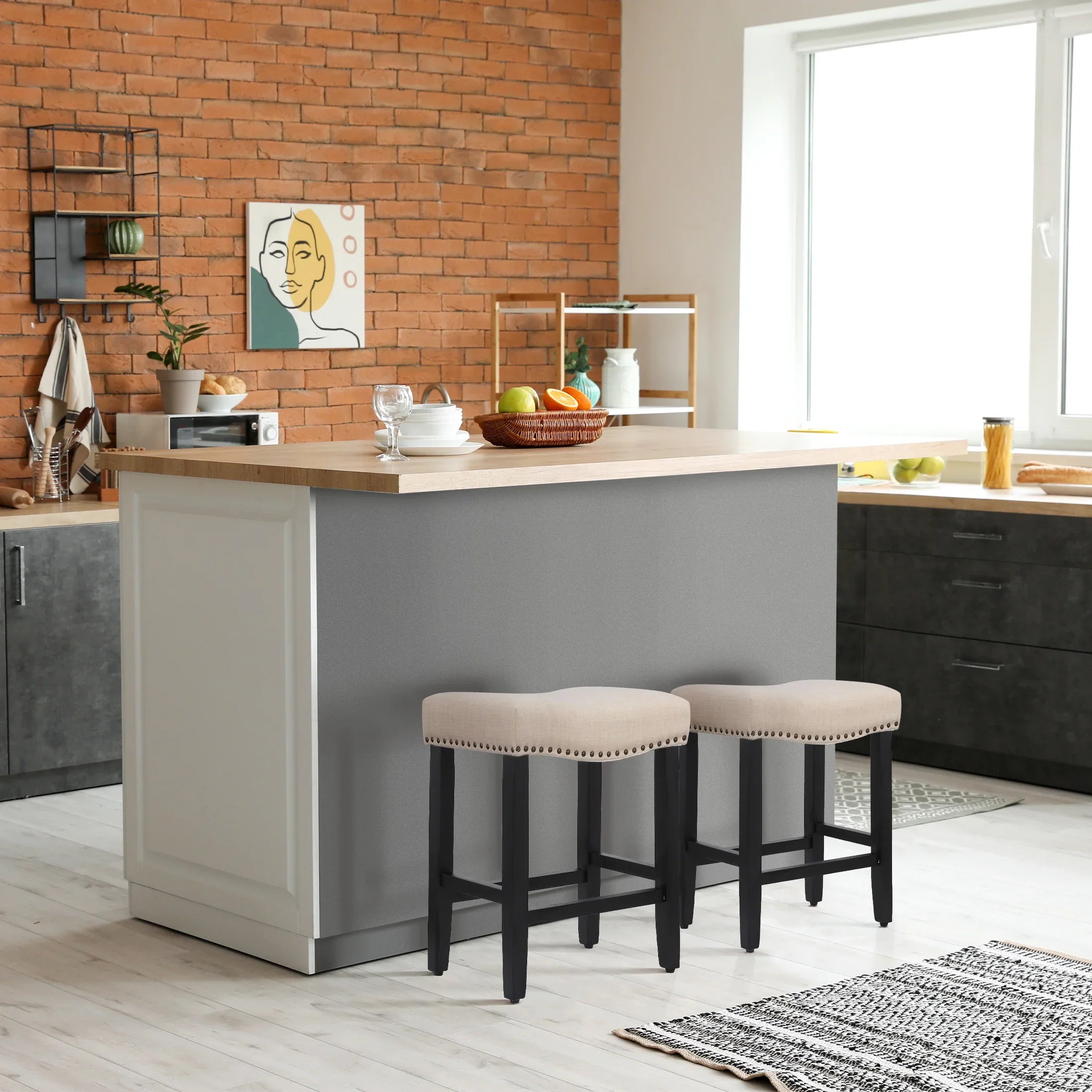 Bulmon 24" upholstered nail head bar counter stools with Black color legs (2 piece set)