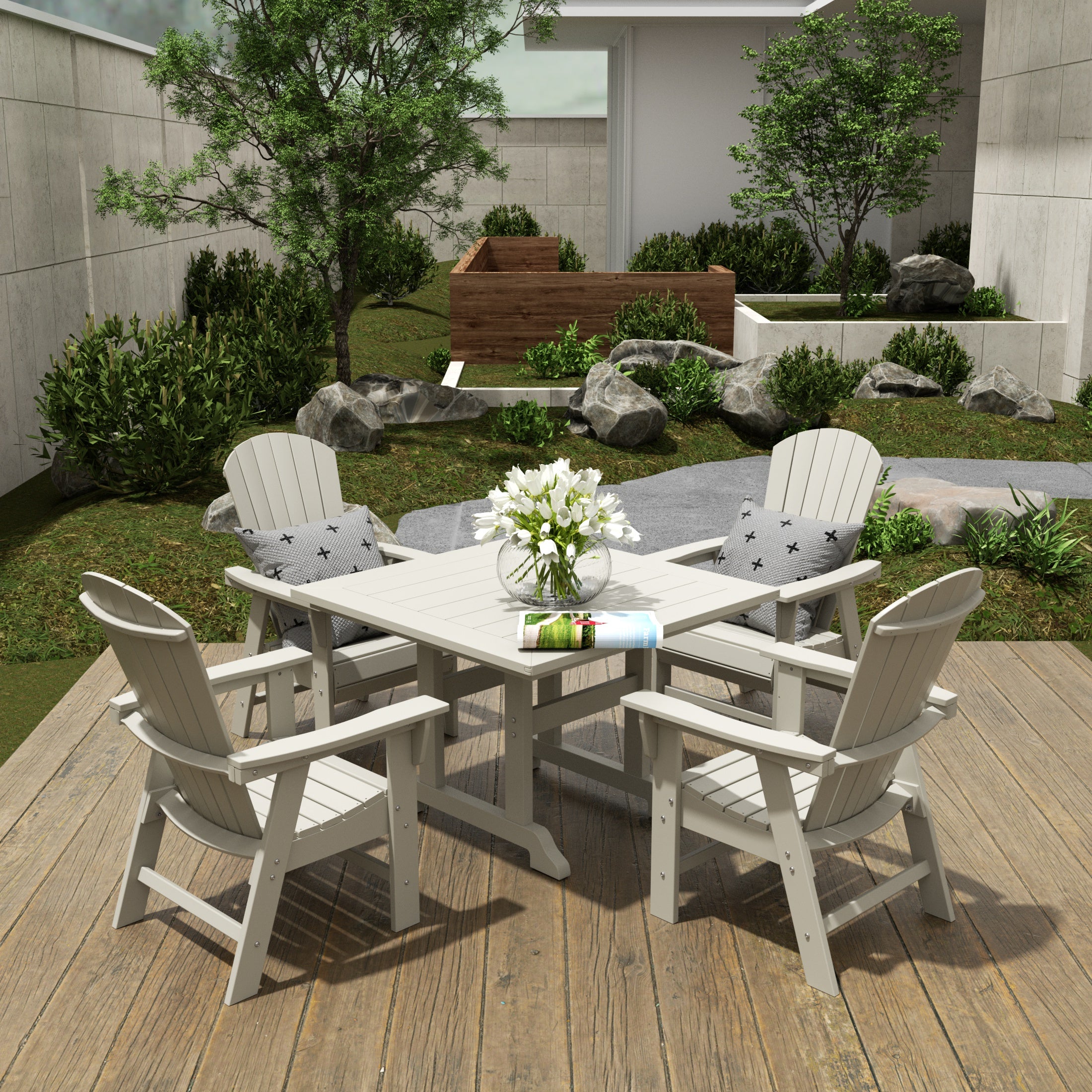Portside 5 Piece Outdoor Patio Dining Square Table and Shell Back Armchair Set