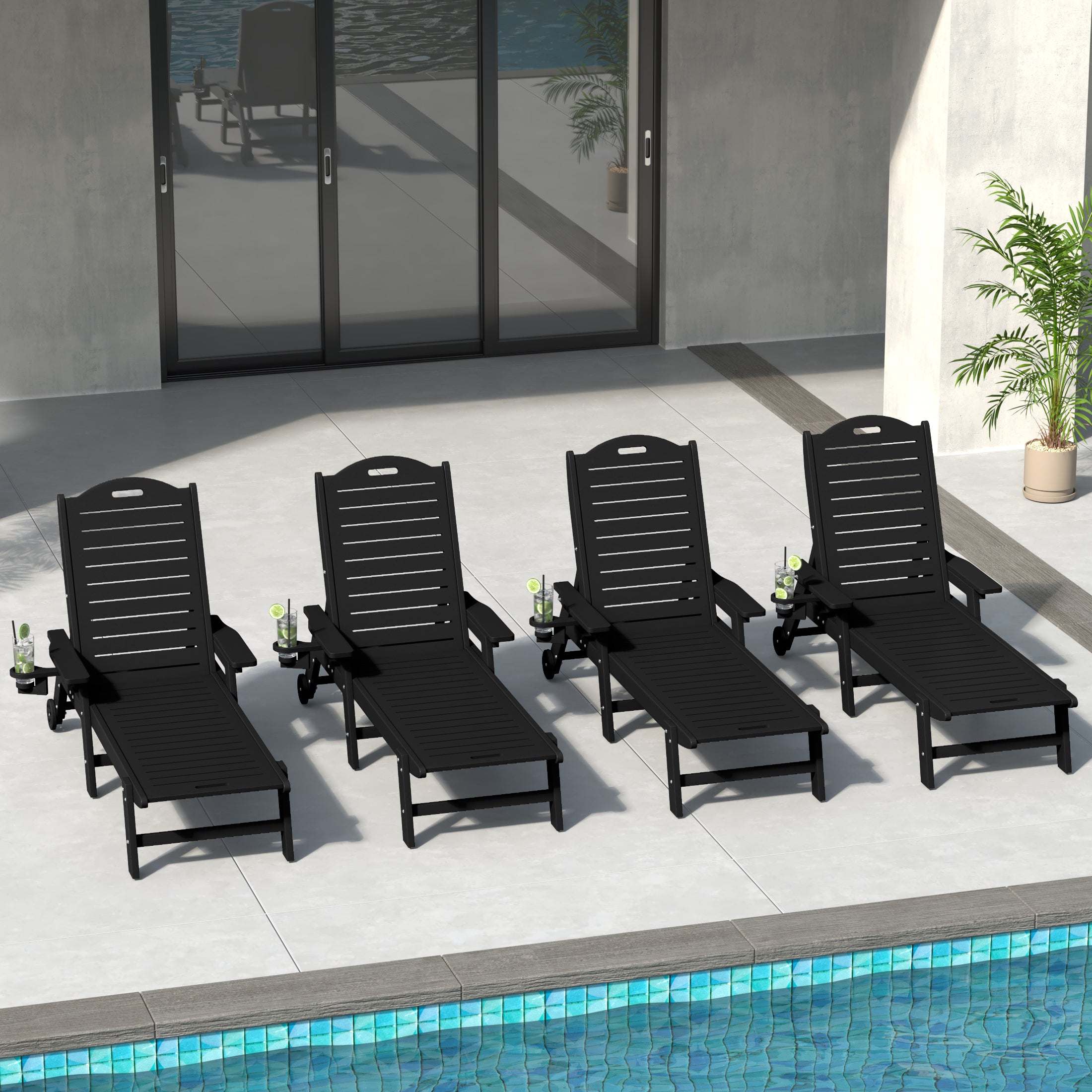 Lago Outdoor HDPE Patio Chaise Lounges With Wheels & Cup Holder (Set of 4)