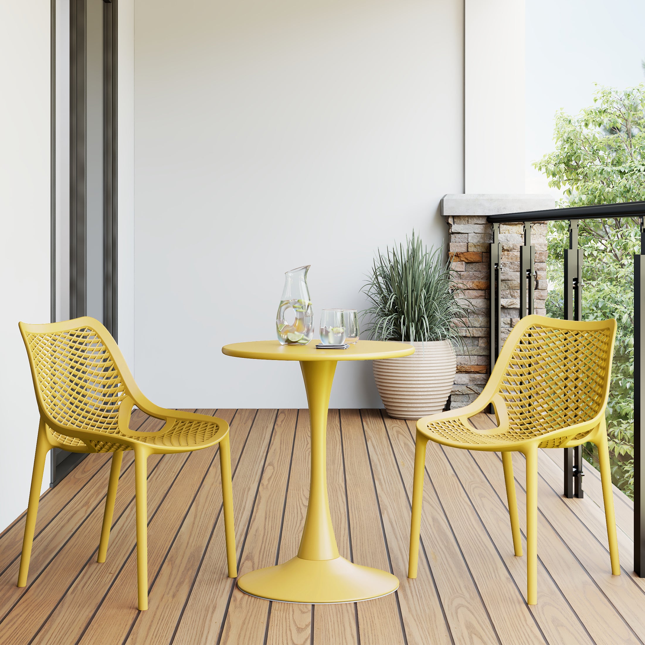 Sunshine 3-Piece Outdoor Round Metal Dining Table Set And Stackable Resin Patio Dining Side Chairs