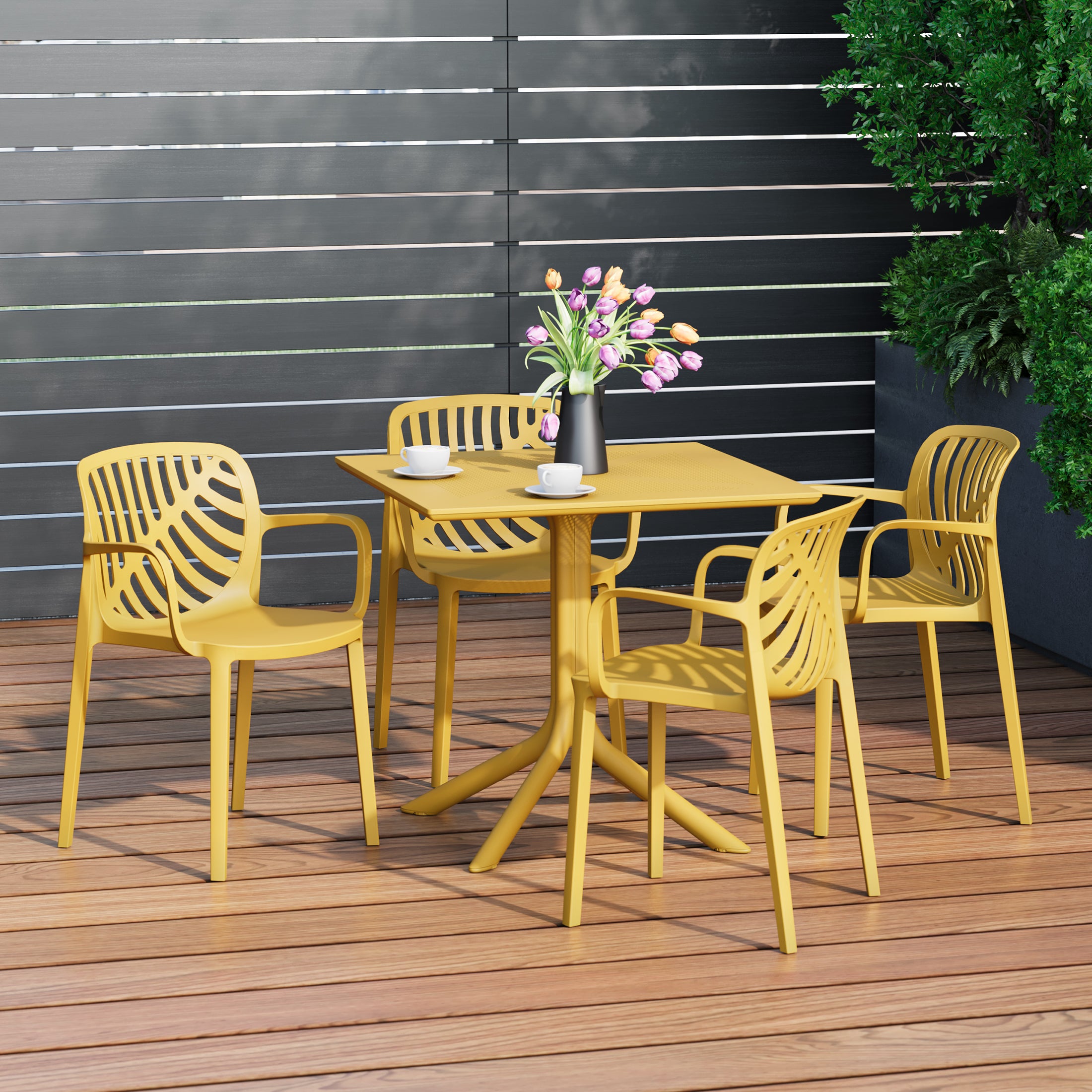 Sunshine 5-Piece Outdoor Resin Square Patio Dining Table Set with Modern Stackable Patio Dining Chairs