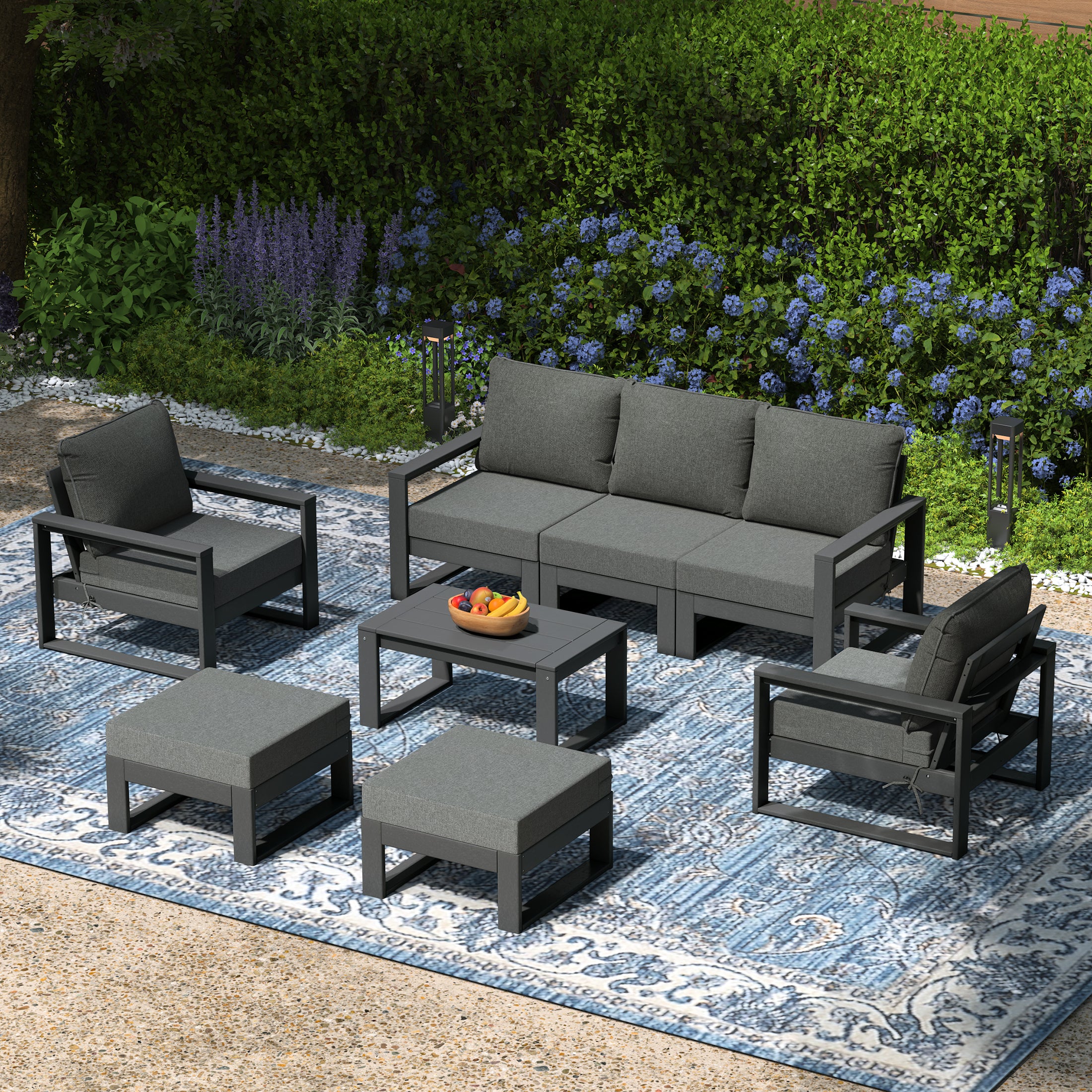 Rockaway 8-Piece Modern HDPE Outdoor Patio Furniture Conversation Set with Coffee Table and Ottomans