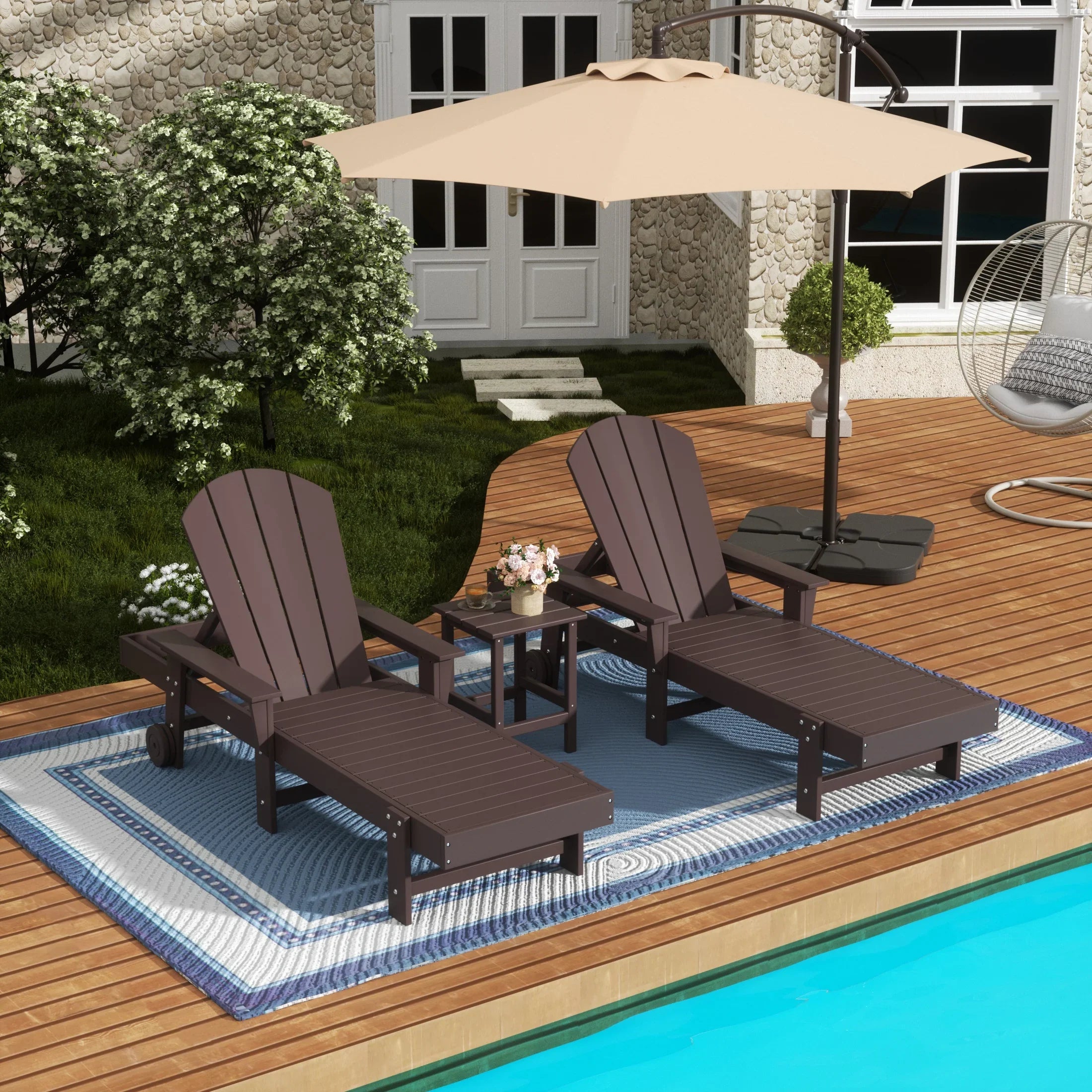 Paradise 3 Piece Adirondack Reclining Chaise Lounge With Arms & Wheels