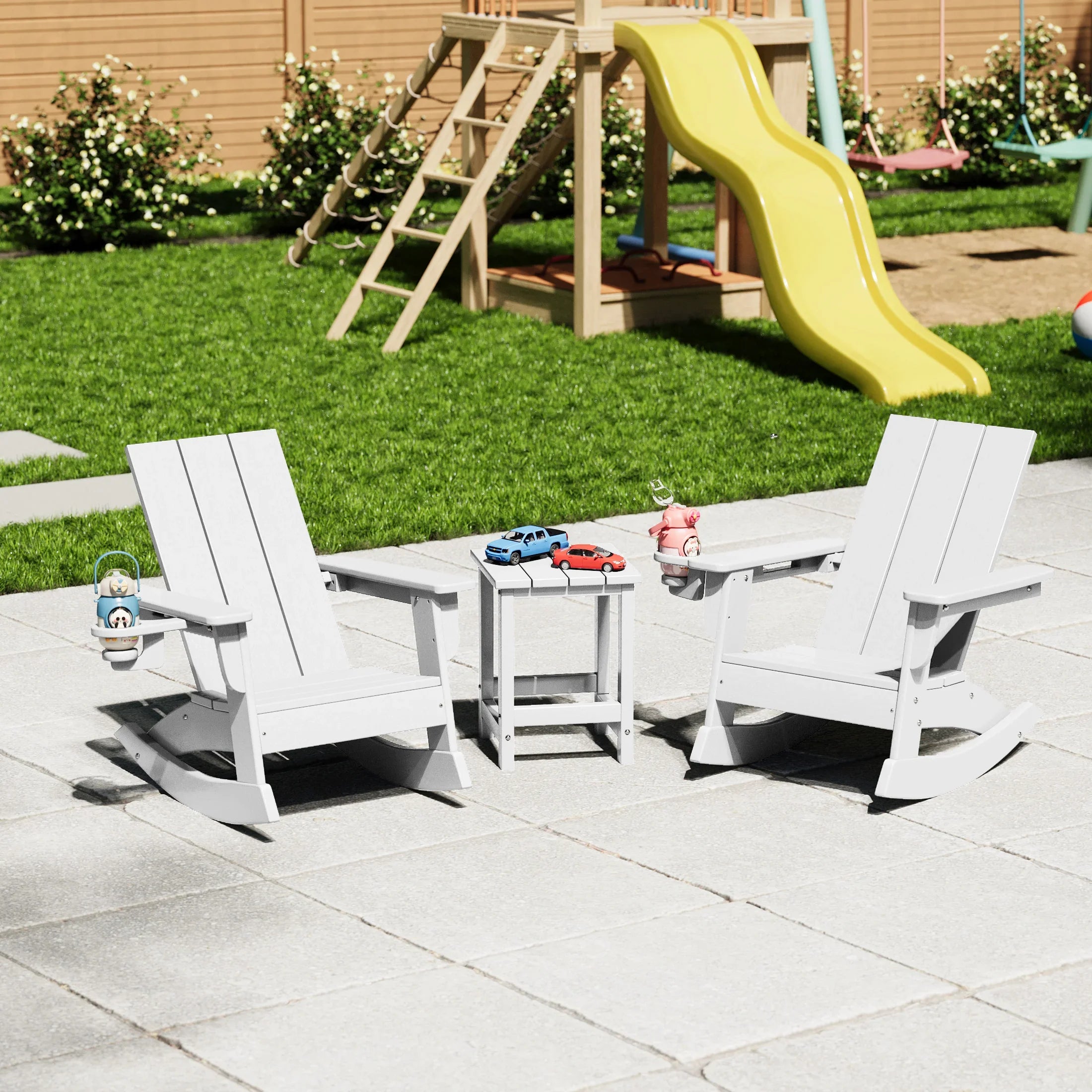 Palms 3-Piece Kids Modern Rocking Chair With Cup Holder and Square Side Table Set